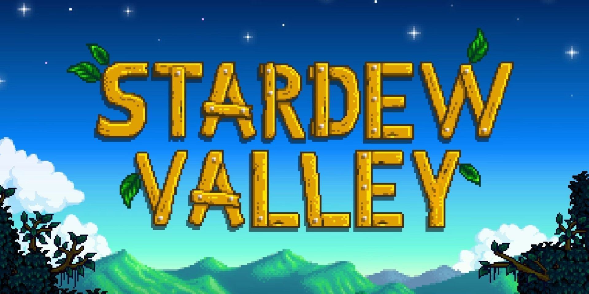 The title image for Stardew Valley, depicting the game title stylized as logs nailed together, with leaves protruding from various points, in front of the background of the title valley.