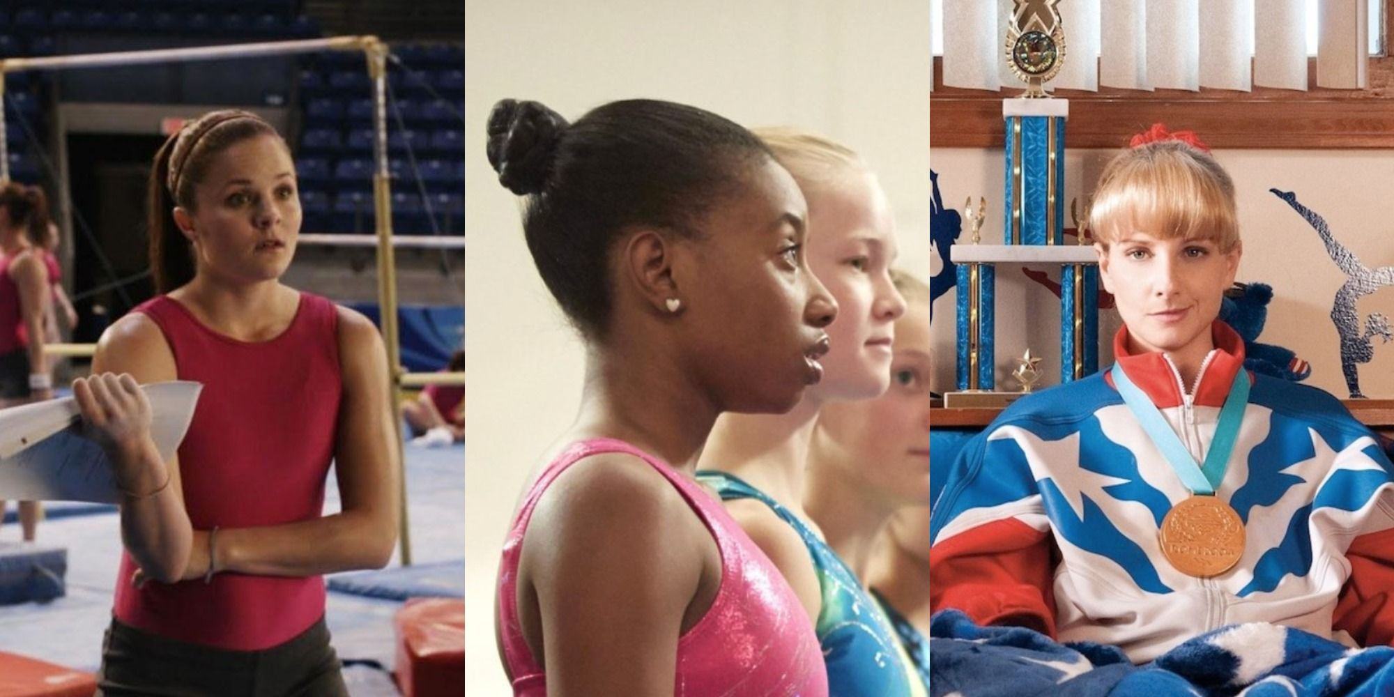 Three side by side images from gymastics movies