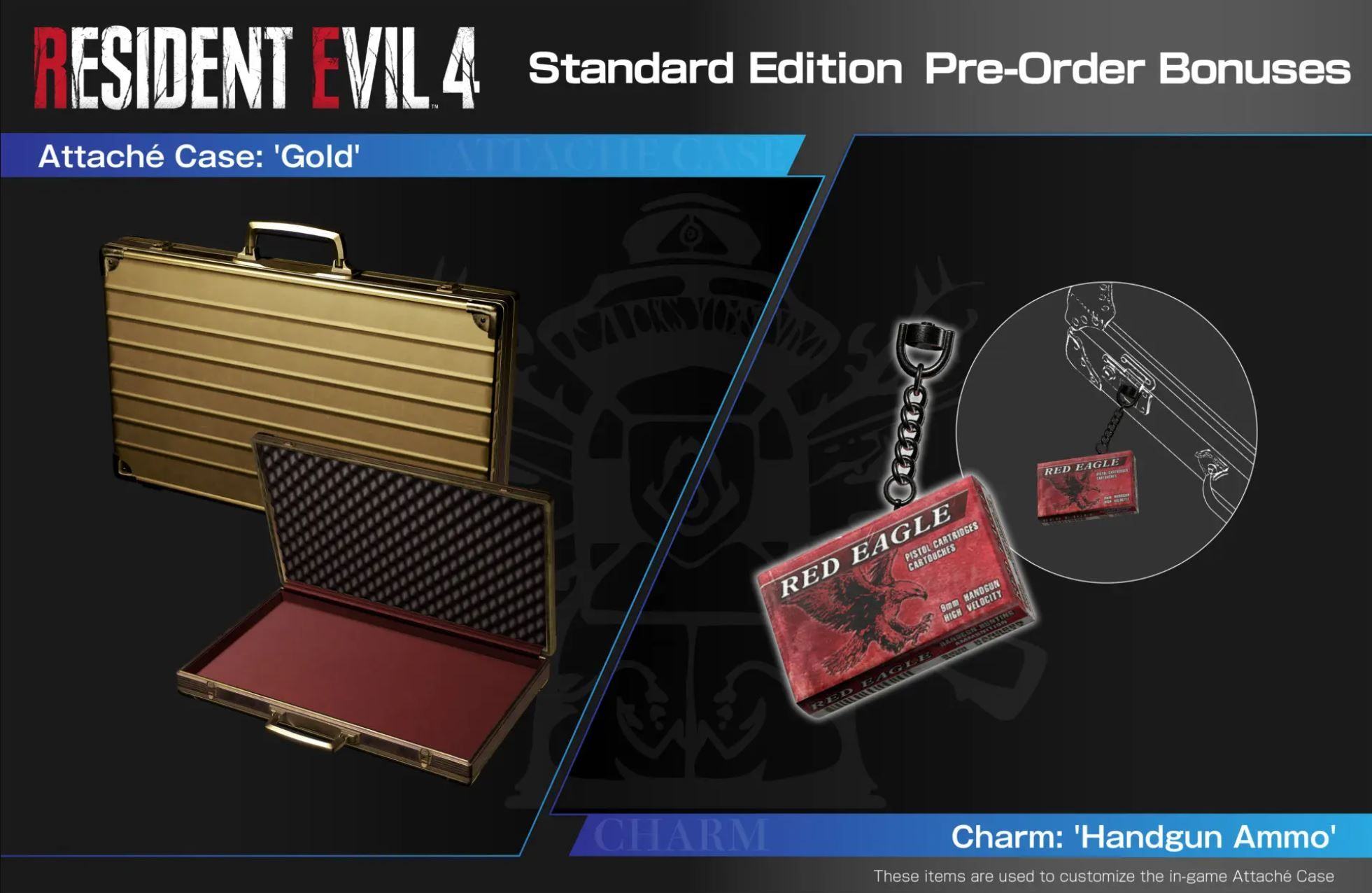 Promotional image showing RE4 Remake pre-order bonus with digital pair and digital charm