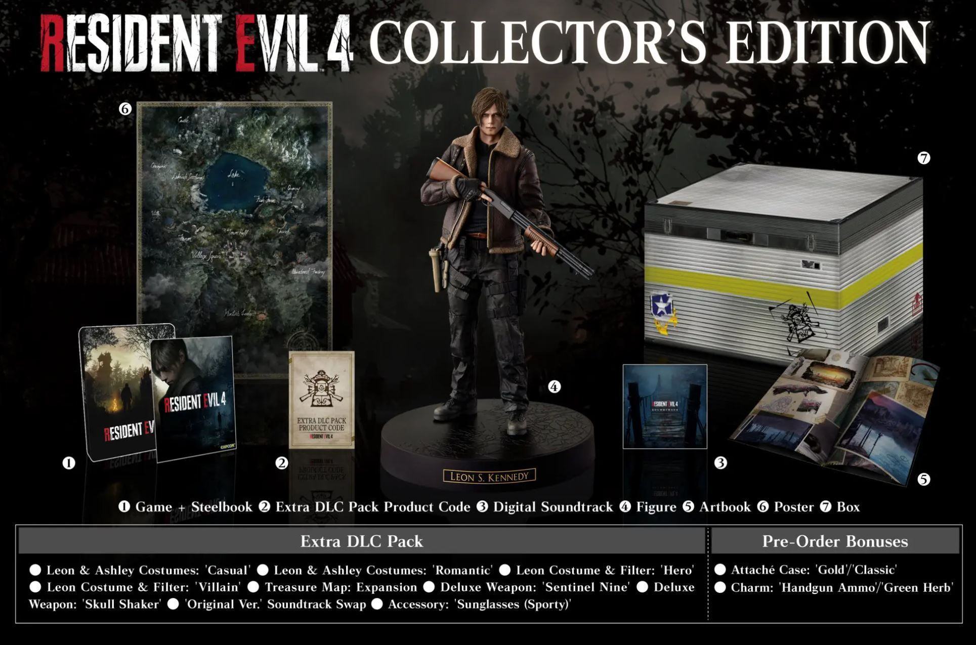 The promotional image shows everything in the RE4 Collector's Edition, including the steel case and the Leon statue