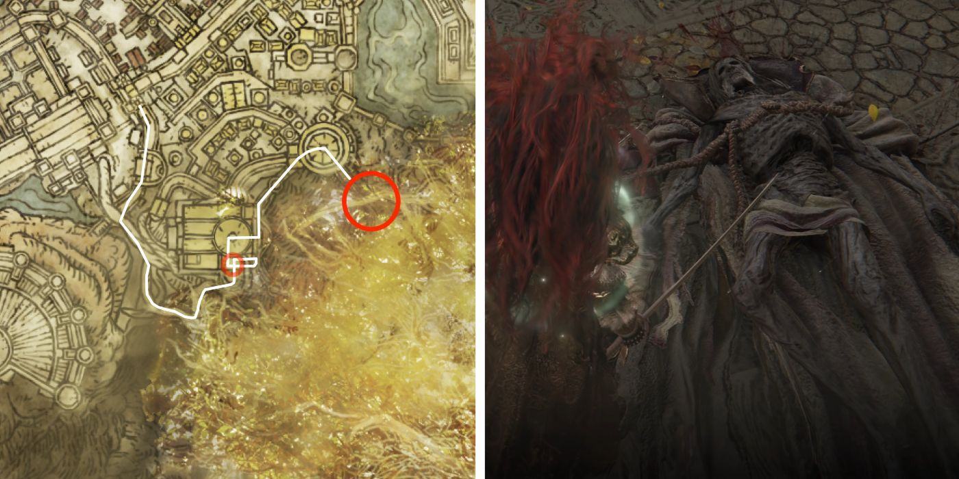 Morgott's battle location The Omen King Boss on the Elden Ring map, next to Morgott's corpse image