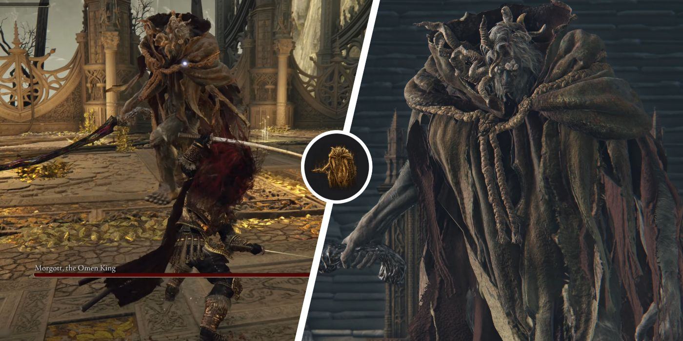 Morgott The Omen King's location in Elden Ring next to a close-up image of the boss