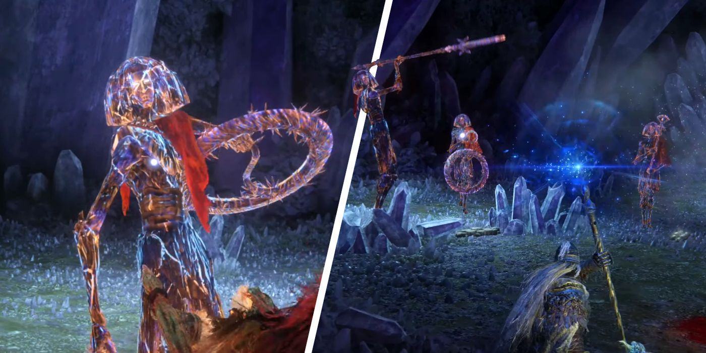 Images of Elden Ring's The Putrid Crystalian Trio boss battle