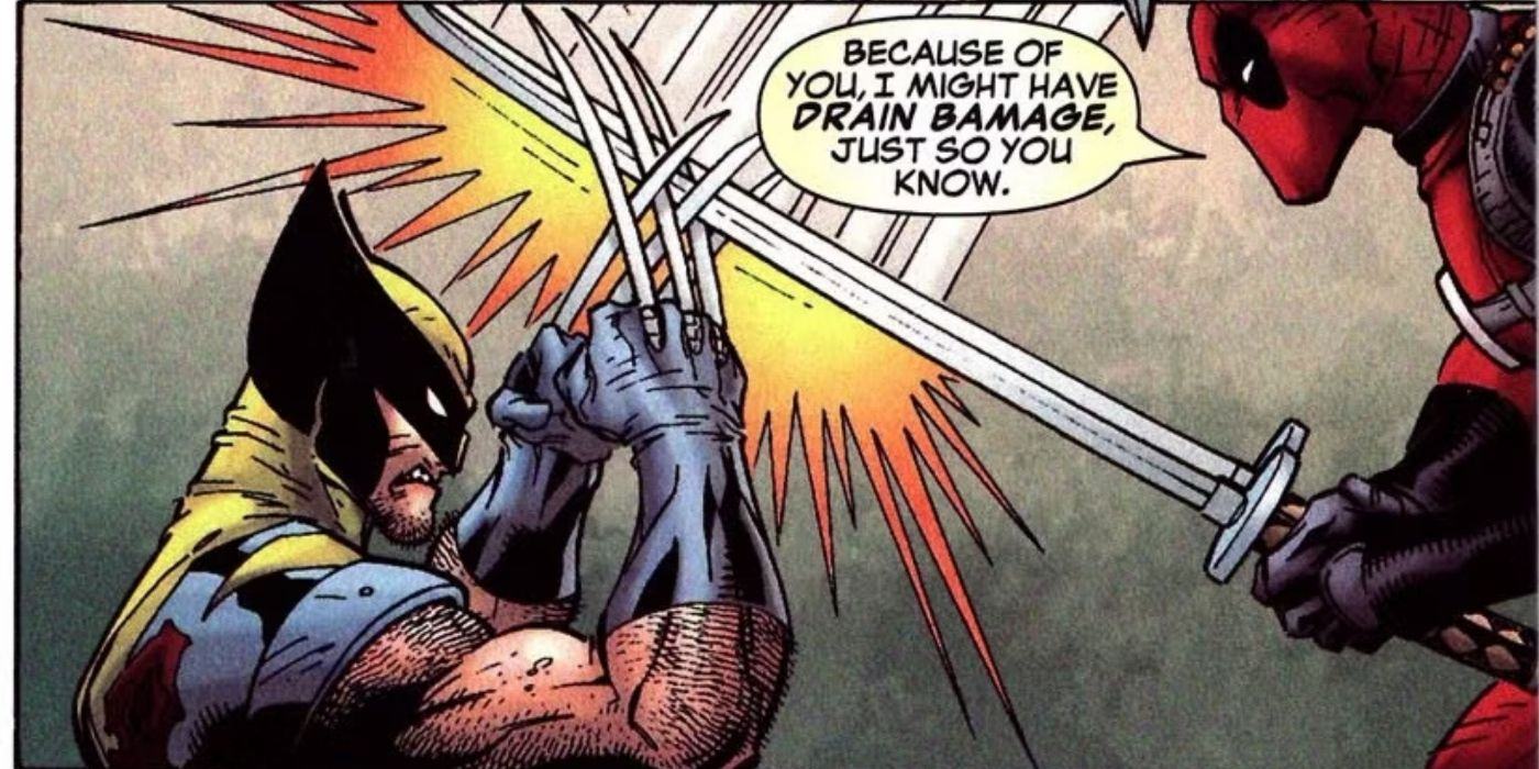 Deadpool tries to take down Wolverine with a sword 