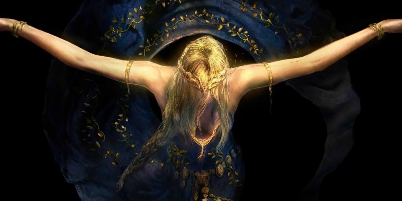 Marika the Eternal, queen of the Elden Ring, with her arms outstretched like a crucified man.