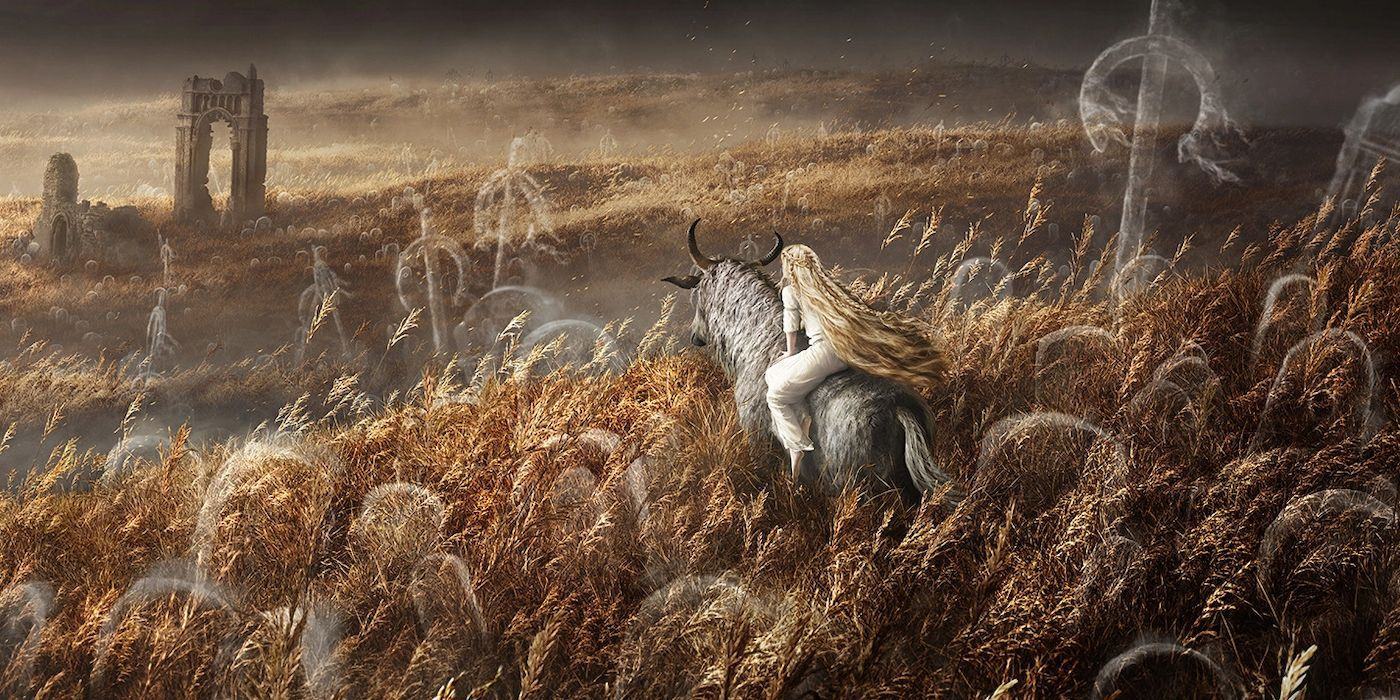 Elden Ring: Shadow of the Erdtree teaser image depicts a robes figure with long golden hair riding Torrent, the horned horse.