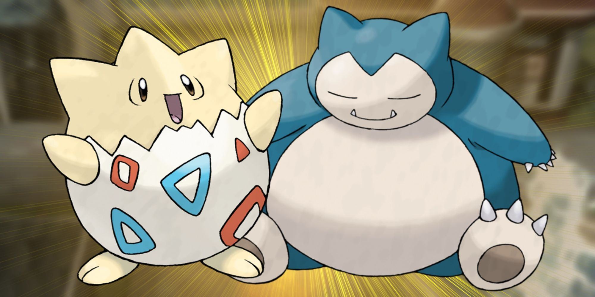 Pokemon's Togepi to the left and Snorlax to the right with a yellow backlight behind them.