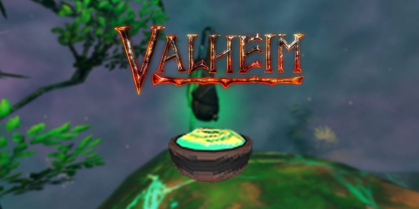 Yggdrasil Porridge under the Valheim logo, ontop of a screenshot of Ancient Roots with a Sap Extractor