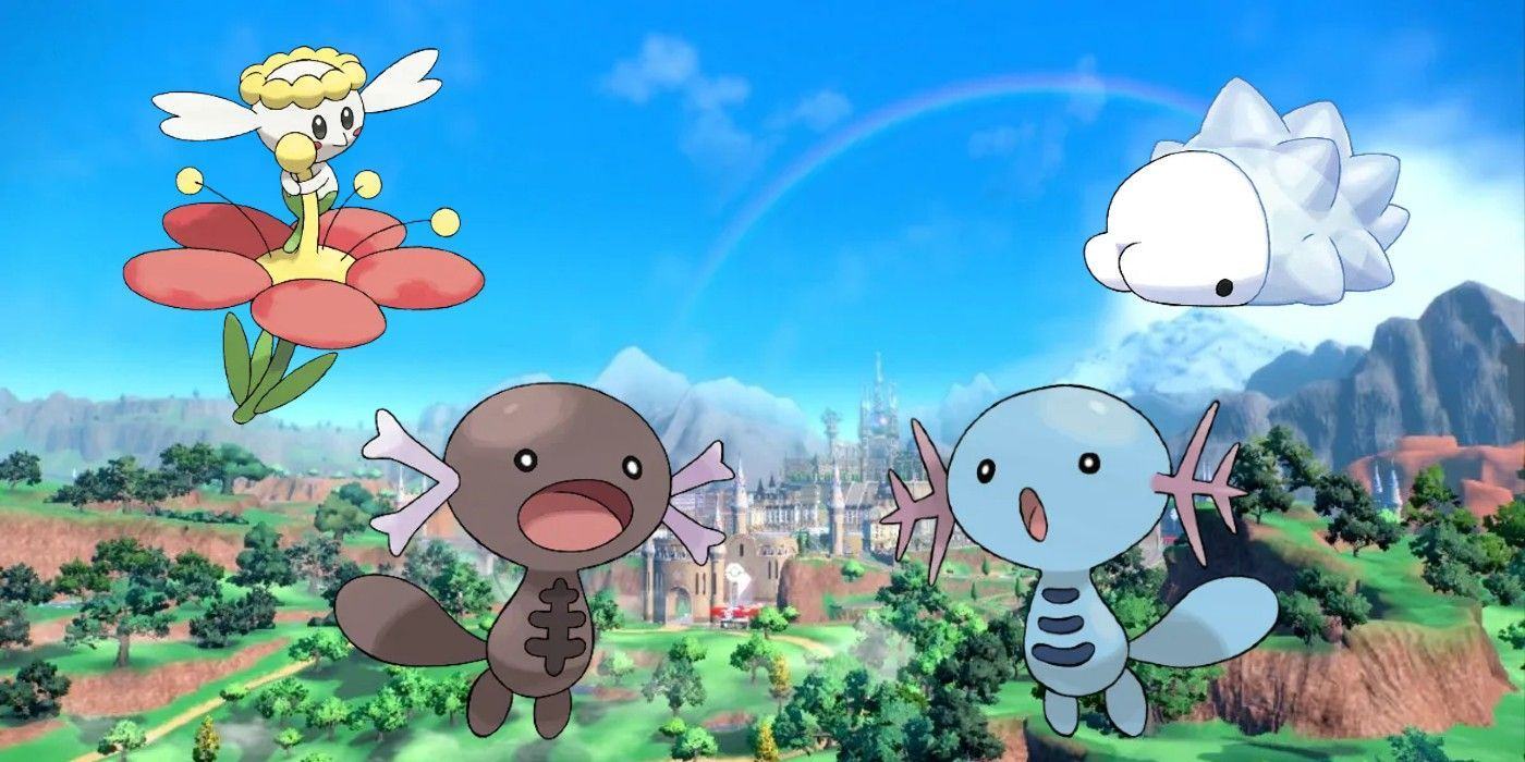 A Flabébé, Snom, Wooper and Paldean Wooper against a screenshot of Paldea from Pokémon Scarlet and Violet.