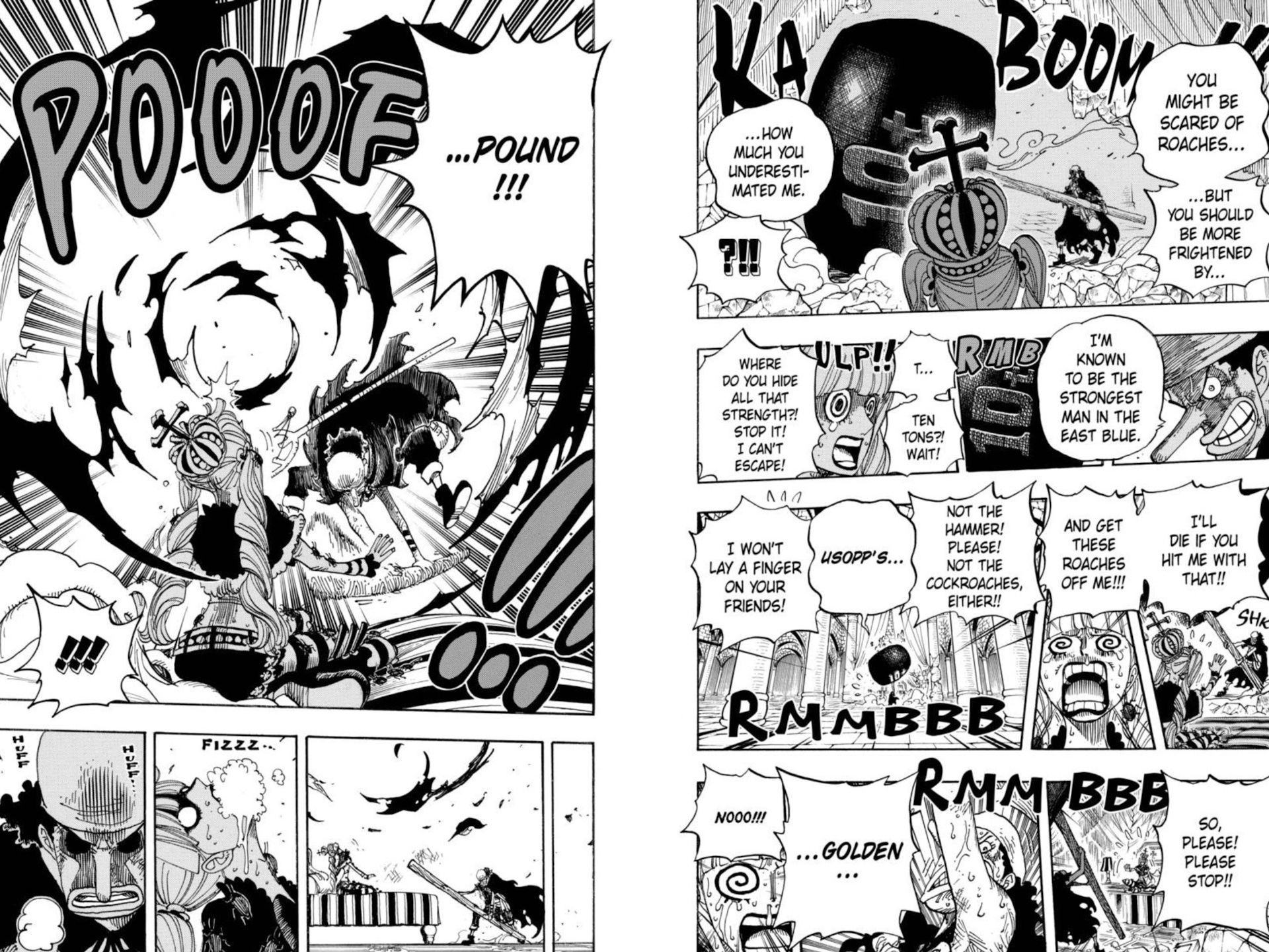 The manga panel from One Piece Chapter 466 shows Usopp using a giant inflatable hammer that reads 