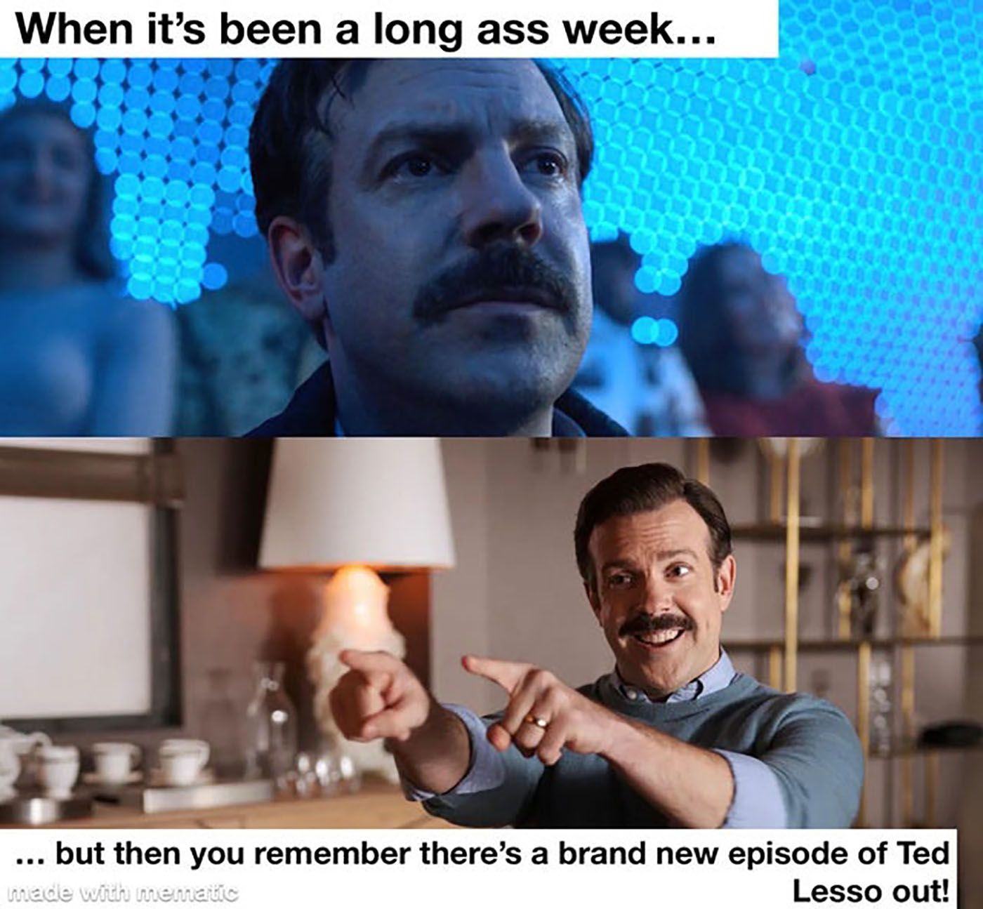 Two pictures of Ted Lasso, one looking worried and the other looking happy.