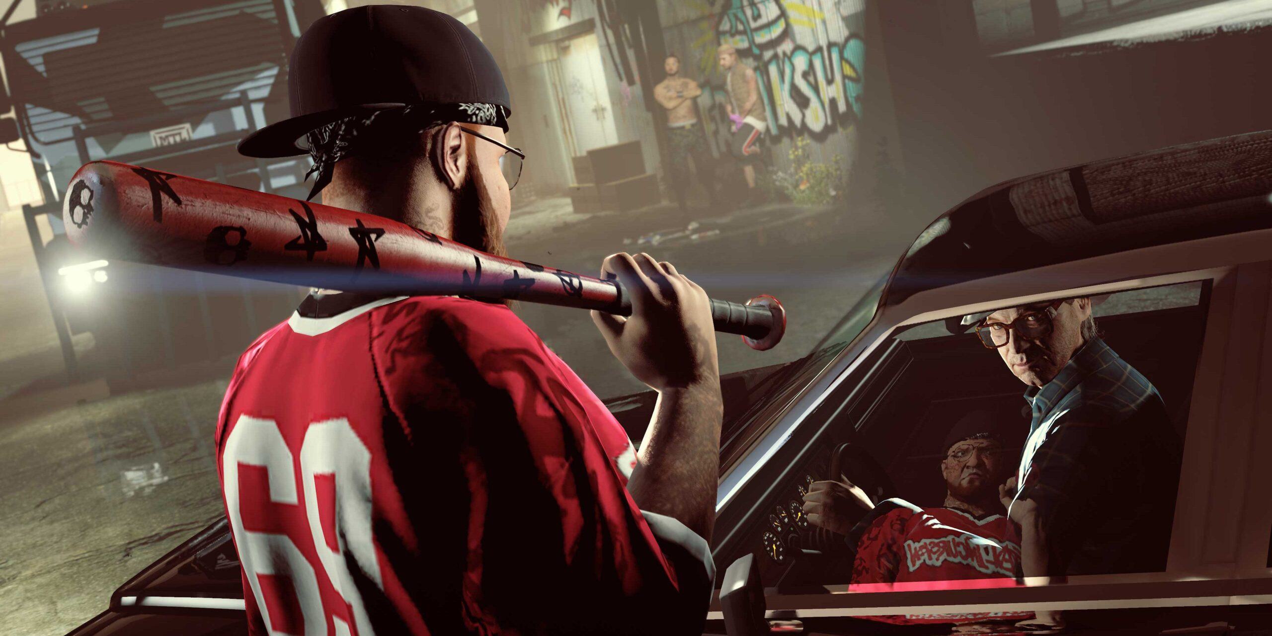 A character wearing a red jersey and wielding a bat glowers at the driver of a red car in GTA Online