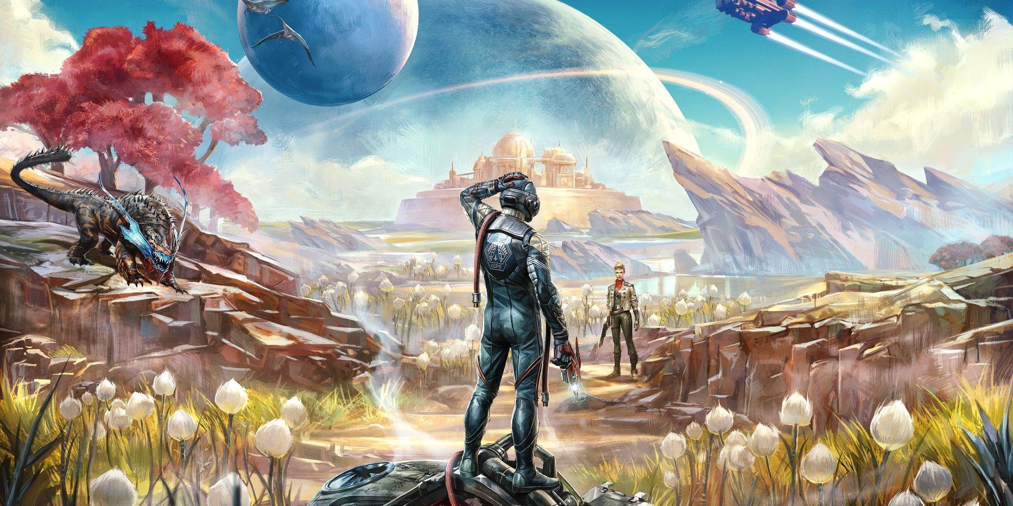 A poster for the game The Outer Worlds, showing strangers standing on the wreckage of a ship, looking out at a view of planets and moons floating in the sky.