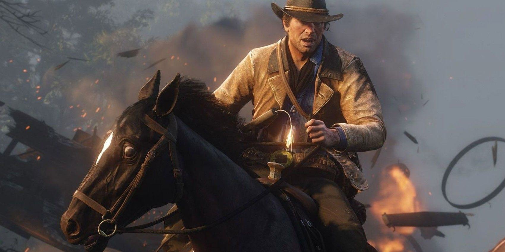 In Red Dead Redemption 2, Arthur Morgan rides away from an explosion.