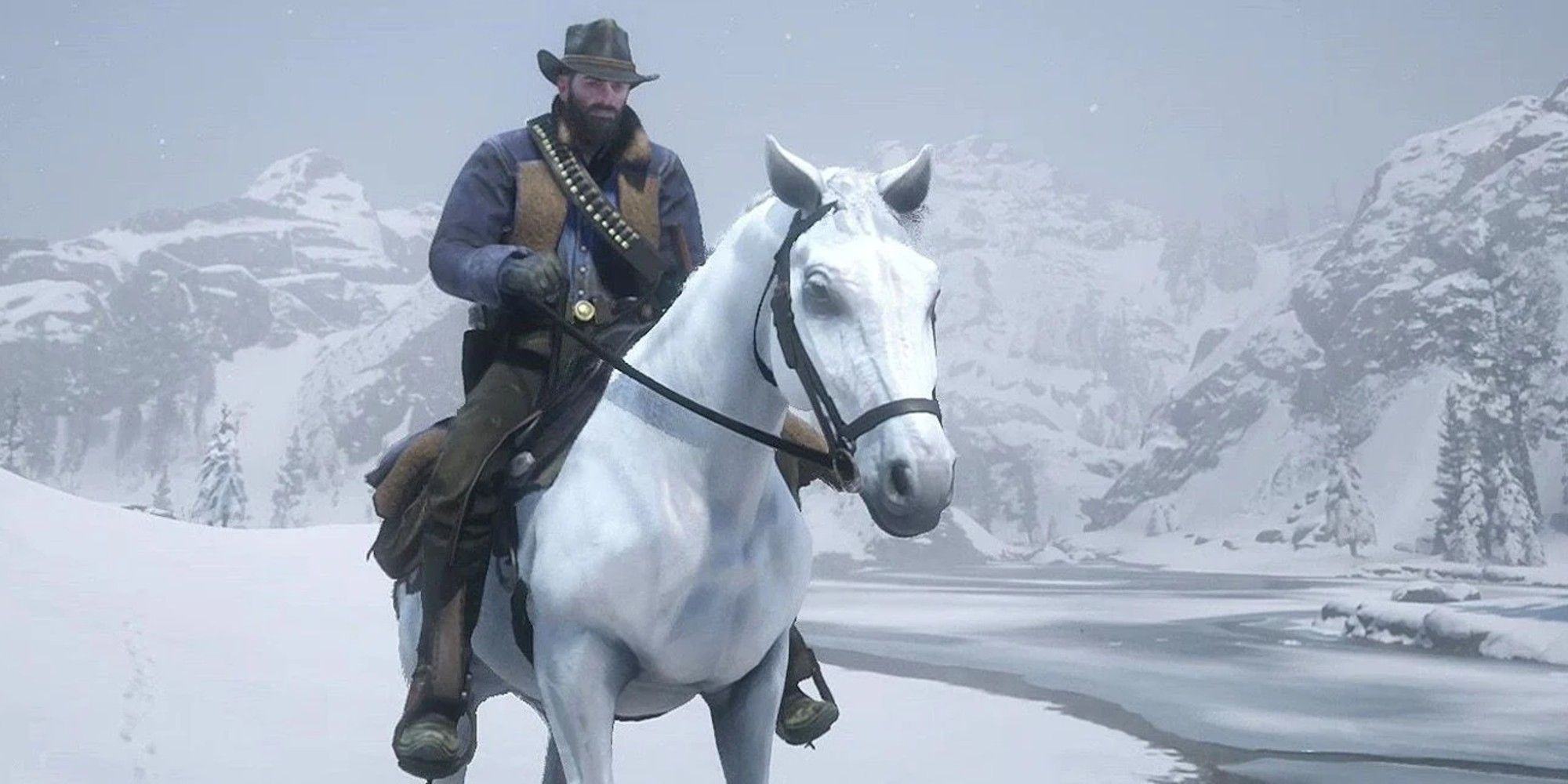 Arthur is riding a White Arabian horse in a snowy mountain valley in RDR2.