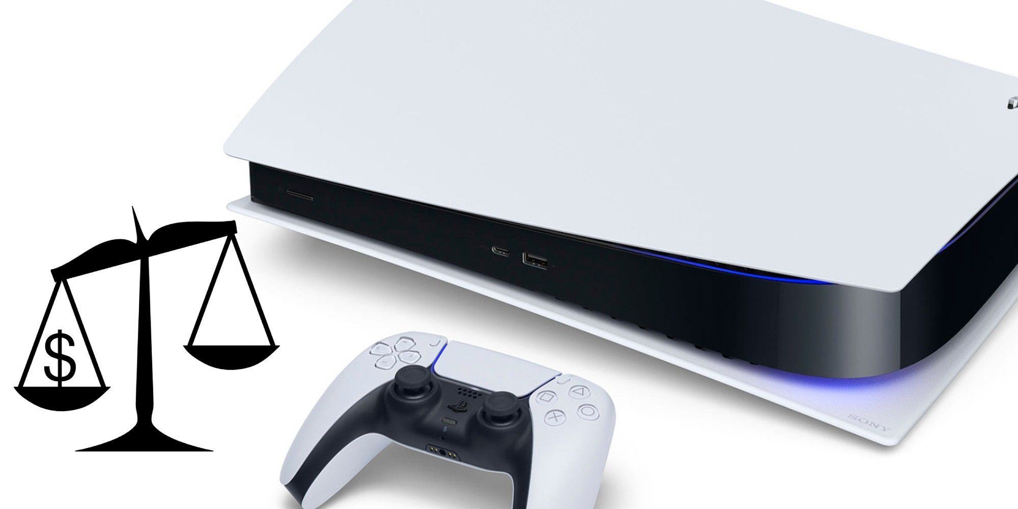 Next to the PlayStation 5 console and the DualSense controller is a symbol of imbalance, with the money symbol on the heavier side.