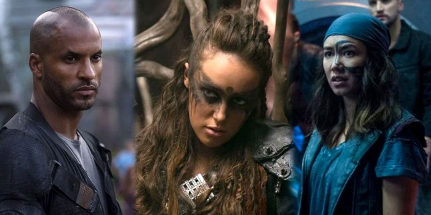 A split image of The 100 characters Lincoln, Lexa, and Emori