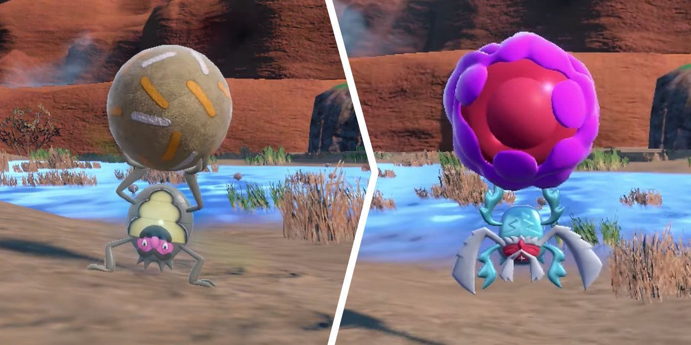 Evolving Rellor into Rabsca in Pokémon Scarlet and Violet, split image of the two evolutionary forms