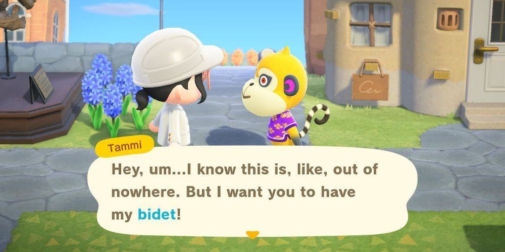 A yellow monkey with piercing red eyes is talking to the player.