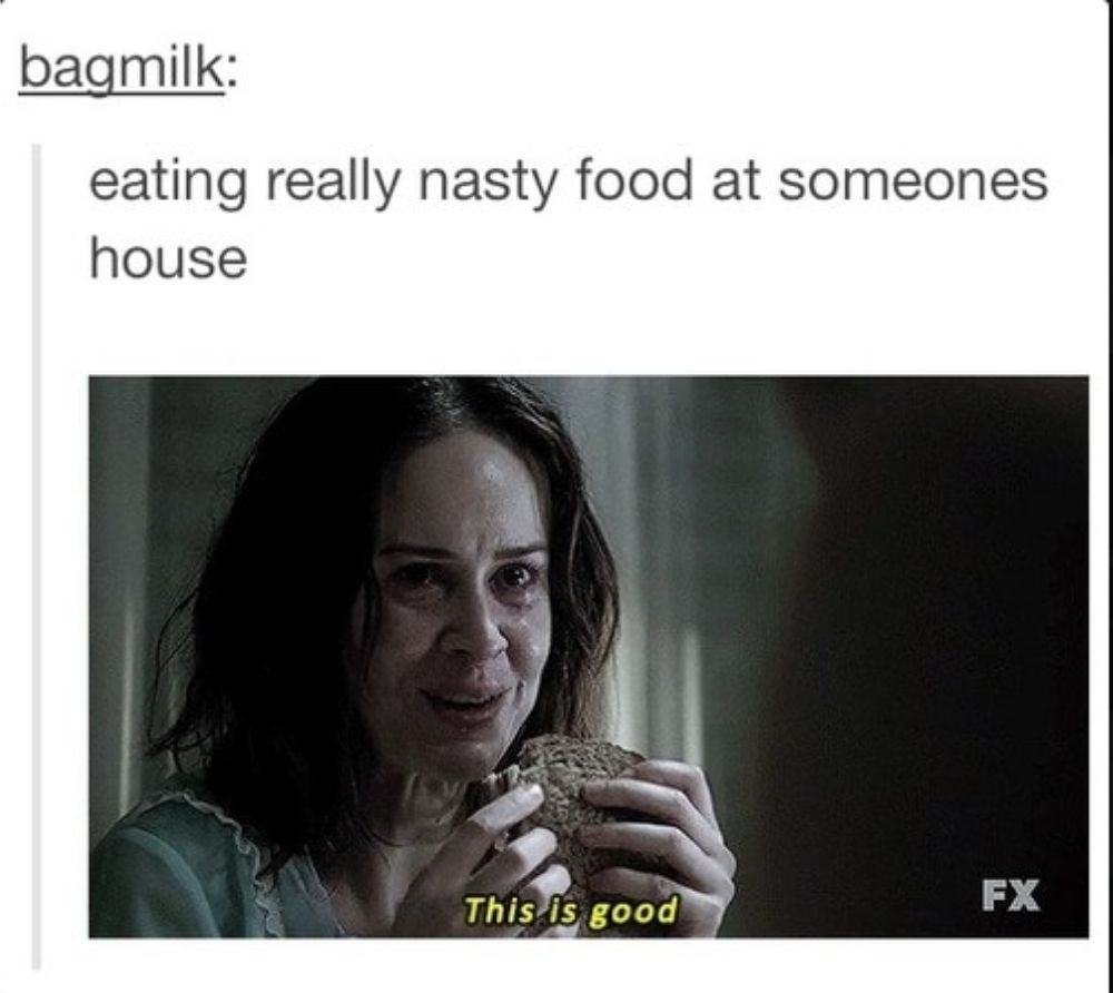 A meme showing Sarah Paulson eating at AHS: Asylum