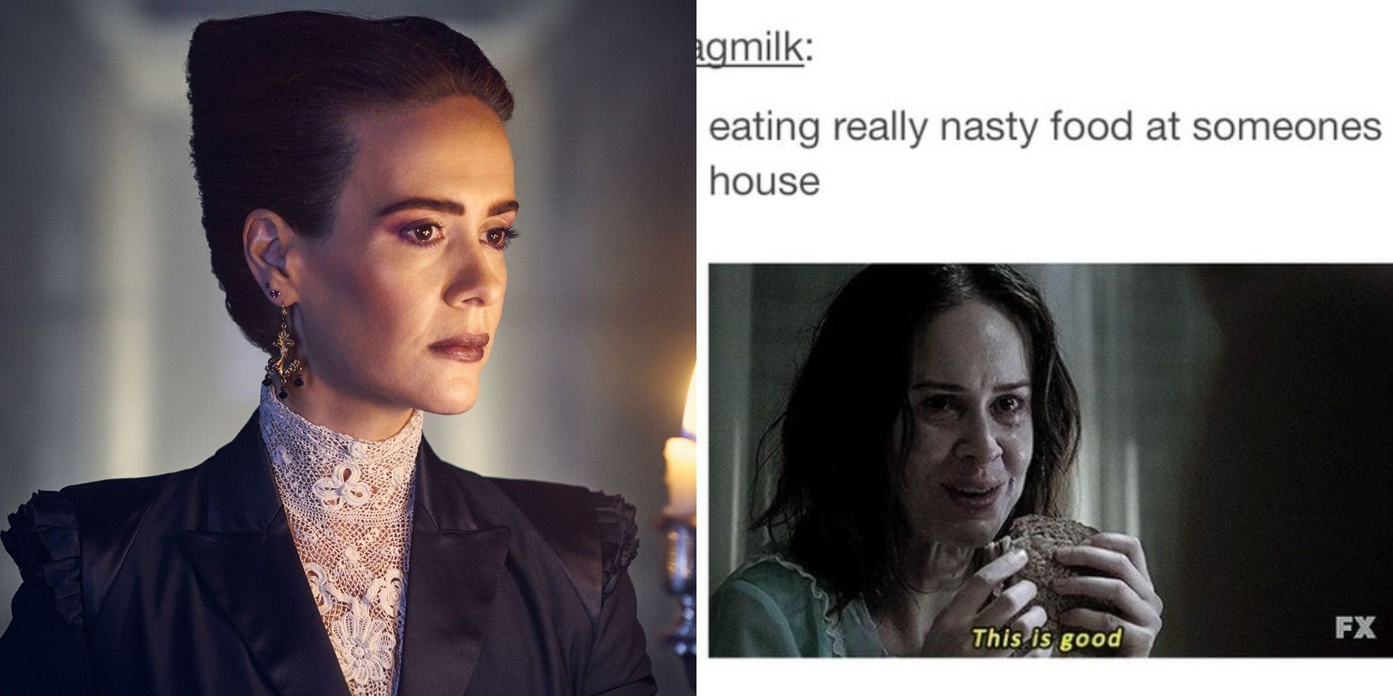 Split image: Sarah Paulson in American Horror Story, Paulson in a meme featuring a scene from AHS