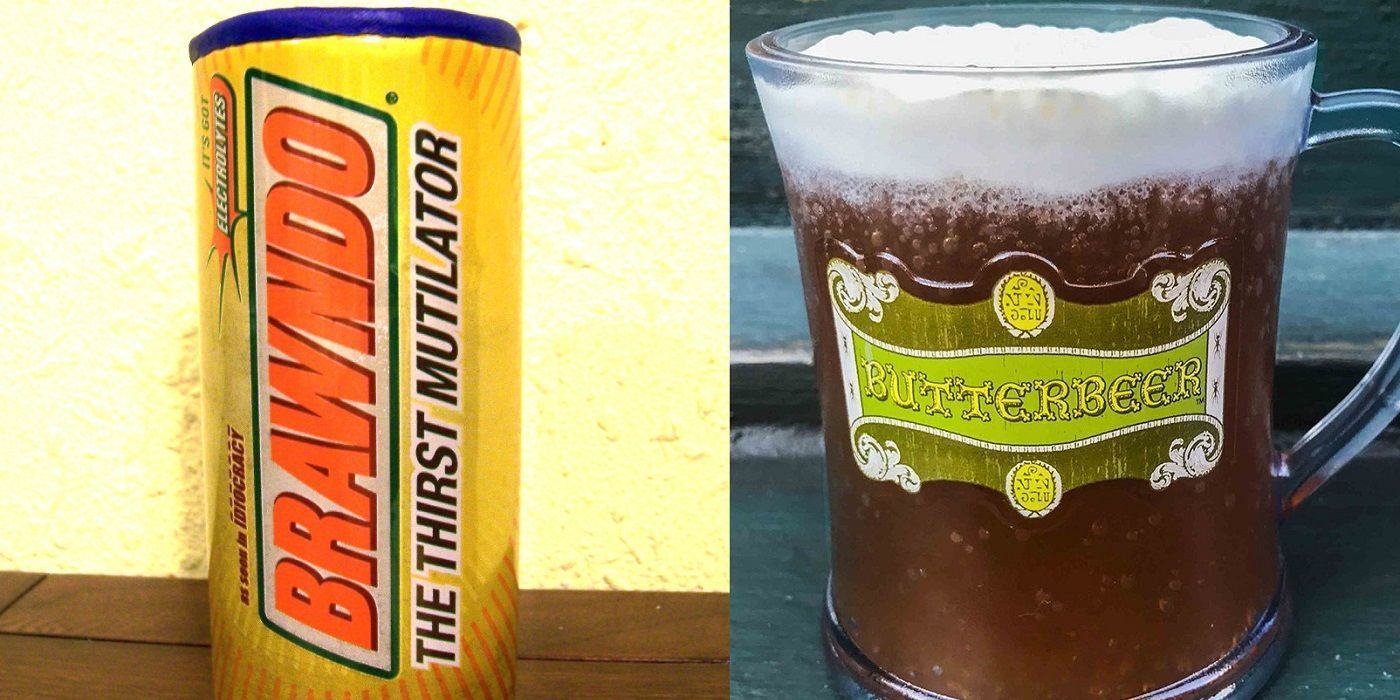 Brawndo from Idiocracy and Butterbeer from Harry Potter side by side