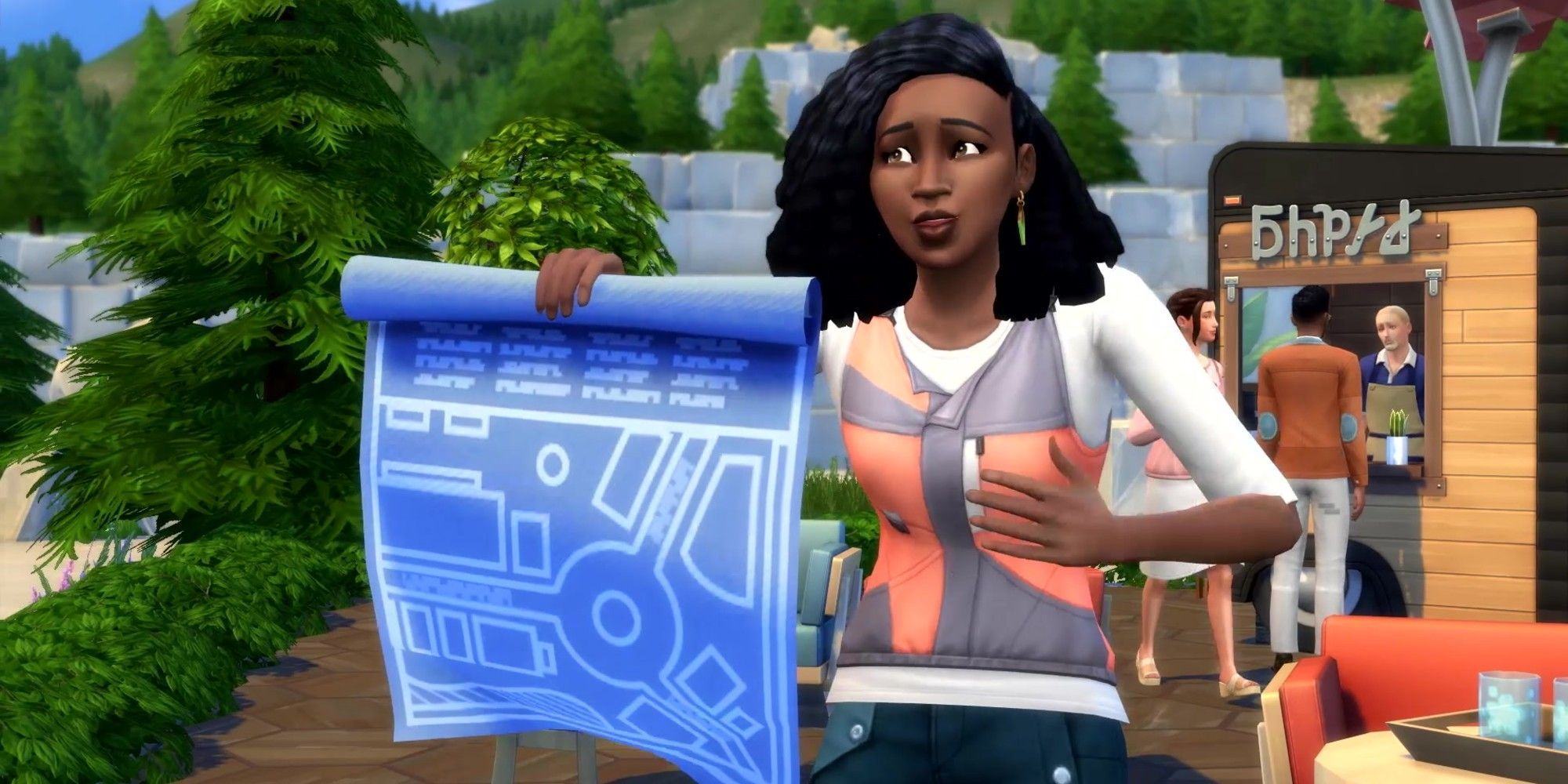 Woman holding blueprints in The Sims 4