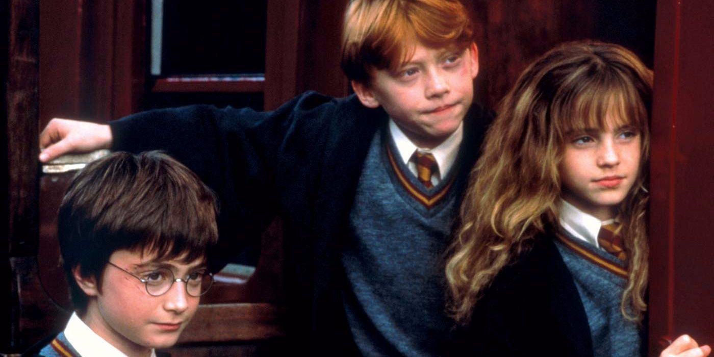 Harry Potter with Ron and Hermione from the Philosopher's Stone.