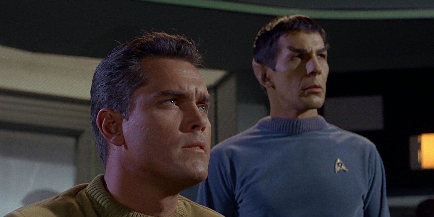 Jeffrey Hunter as Captain Christopher Pike and Leonard Nimoy as Spock in Star Trek