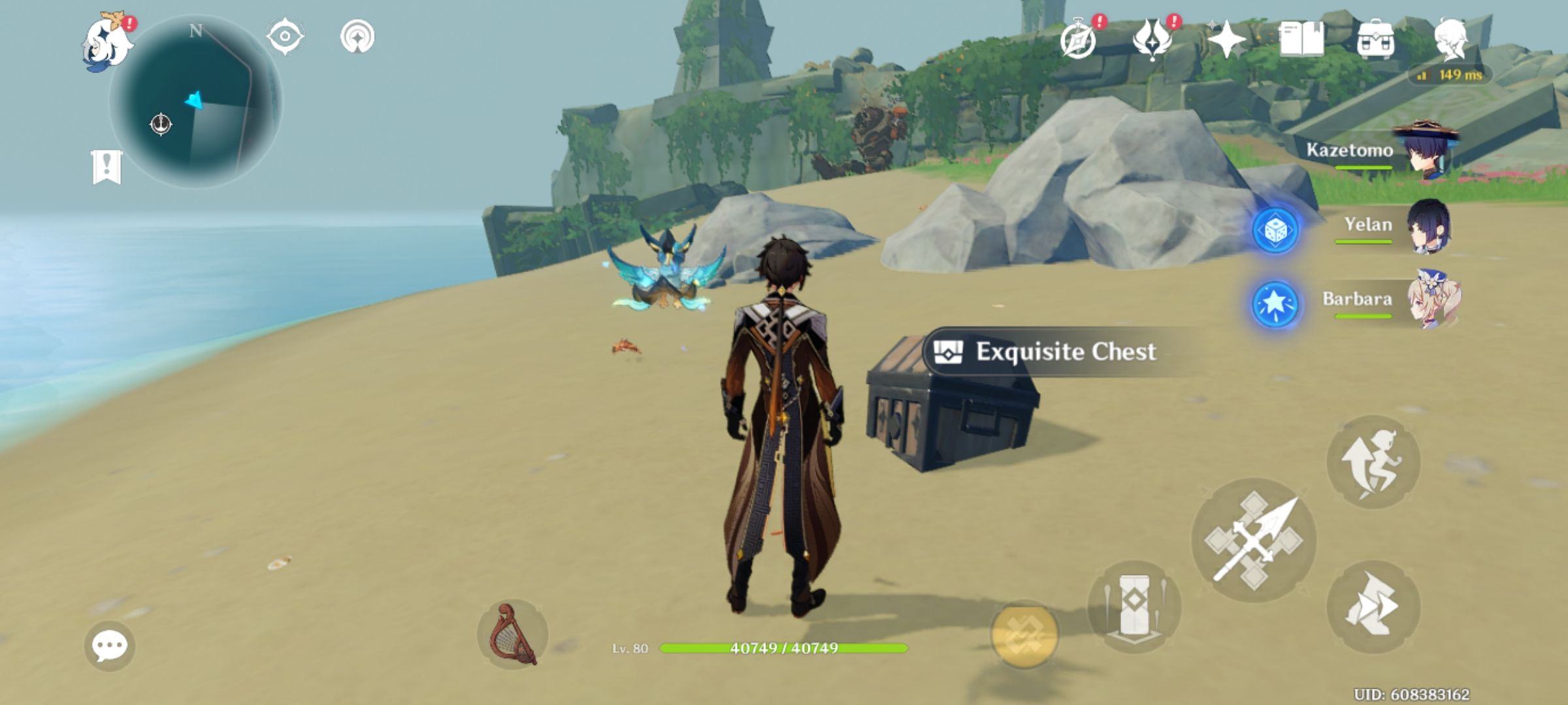 Zhongli from Genshin Impact looks at the exquisite treasure chest on the deserted island.