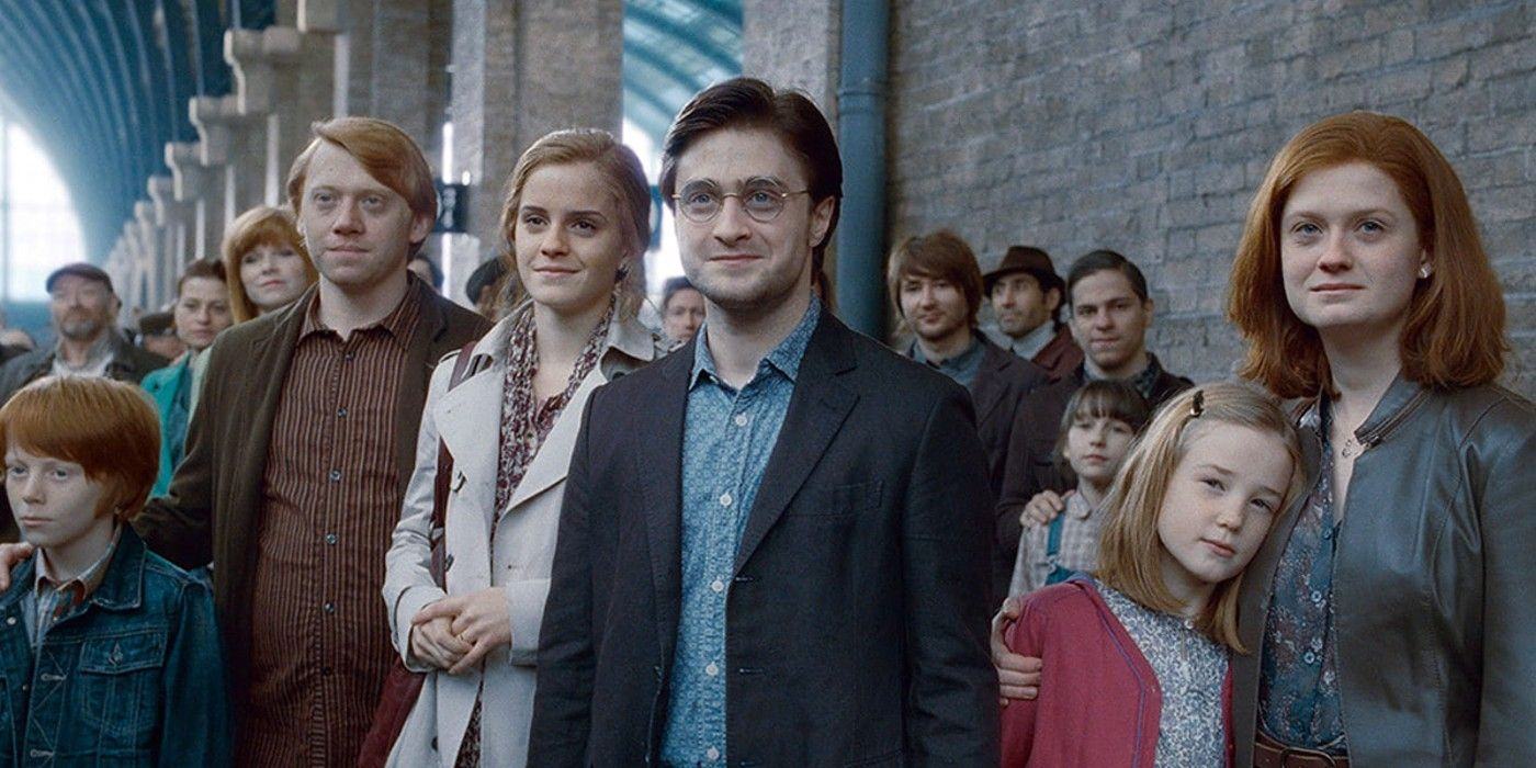 Ron, Hermione and Harry laugh 9 3/4 in Harry Potter: Deathly Hallows Part 2