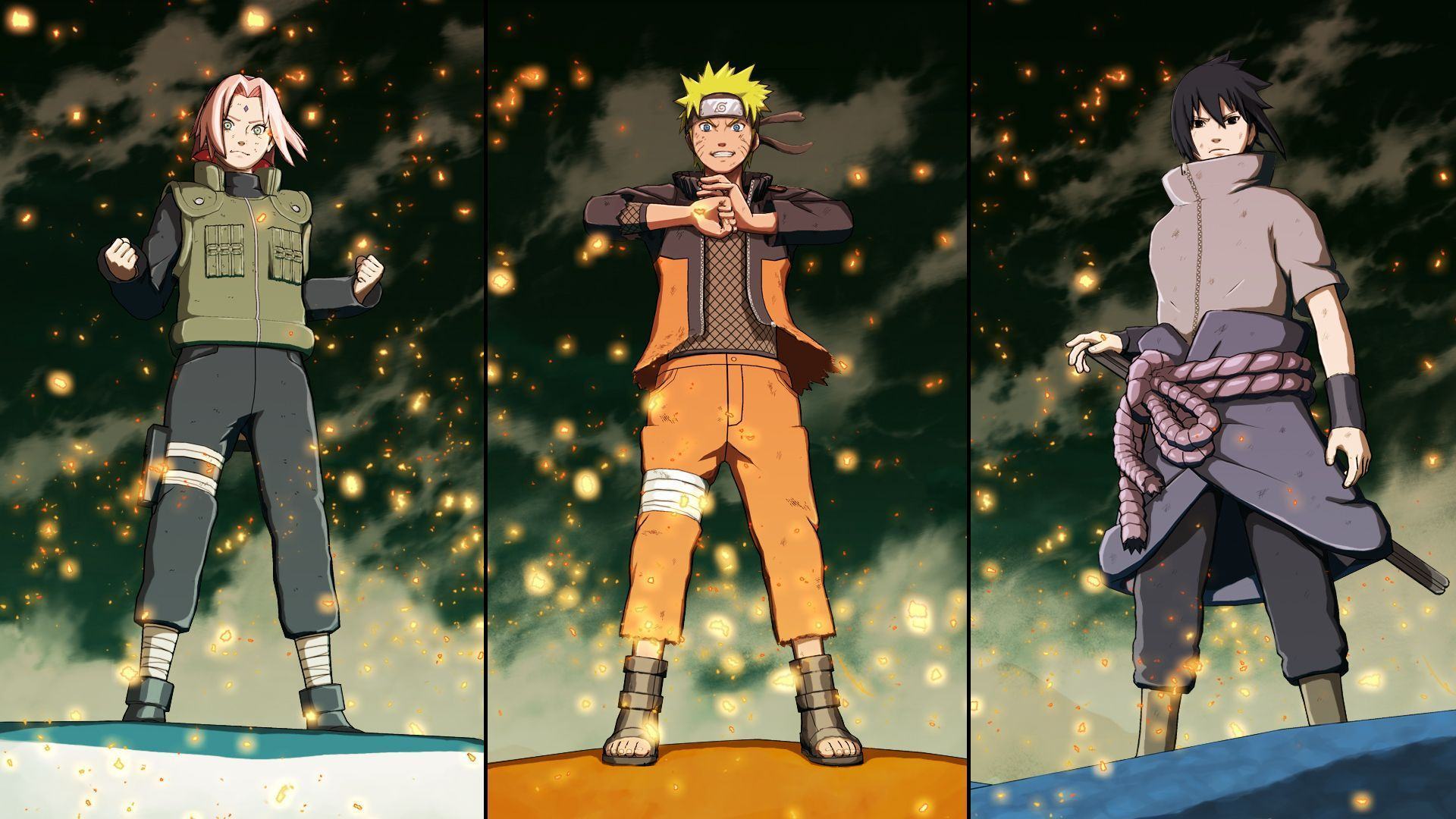 Concept art for Naruto Ninja Storm 4 showing Sakura, Naruto, and Sasuke of Team 7 standing atop their respective summoned creatures ready for battle.