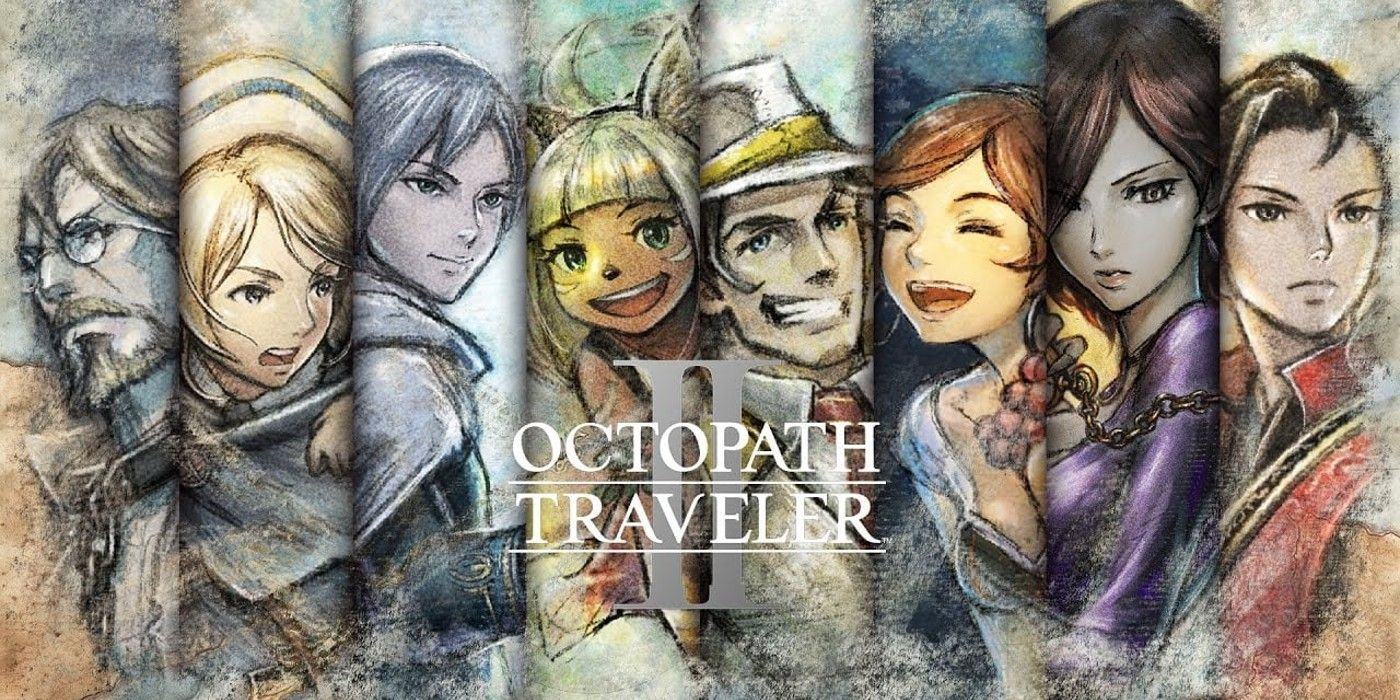 Character art for each playable character behind the Octopath Traveler 2 logo.