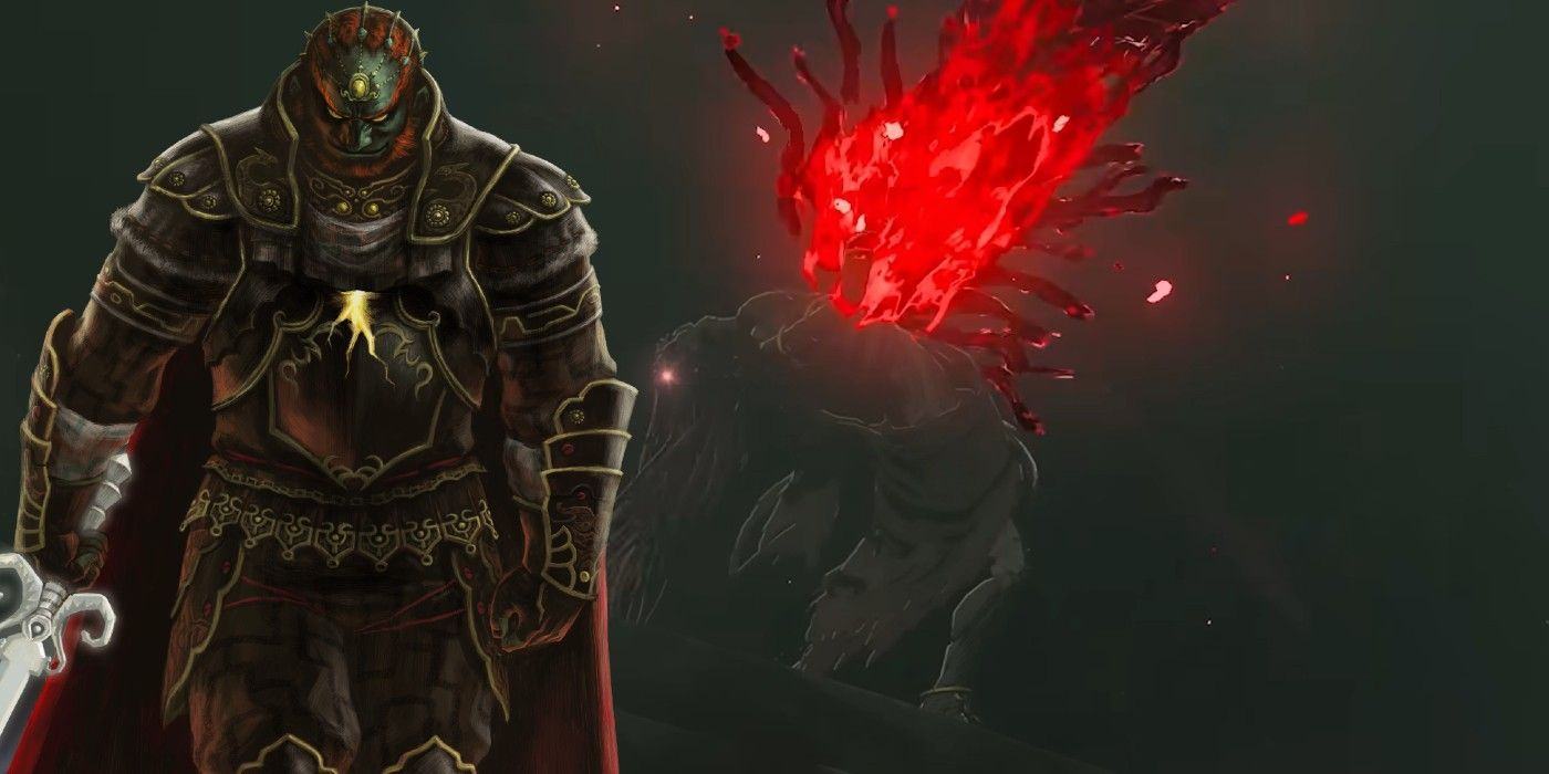 Ganondorf spits out malicious images in The Legend of Zelda: Tears of the Kingdom, superimposed on Ganondorf's images from Twilight Princess.