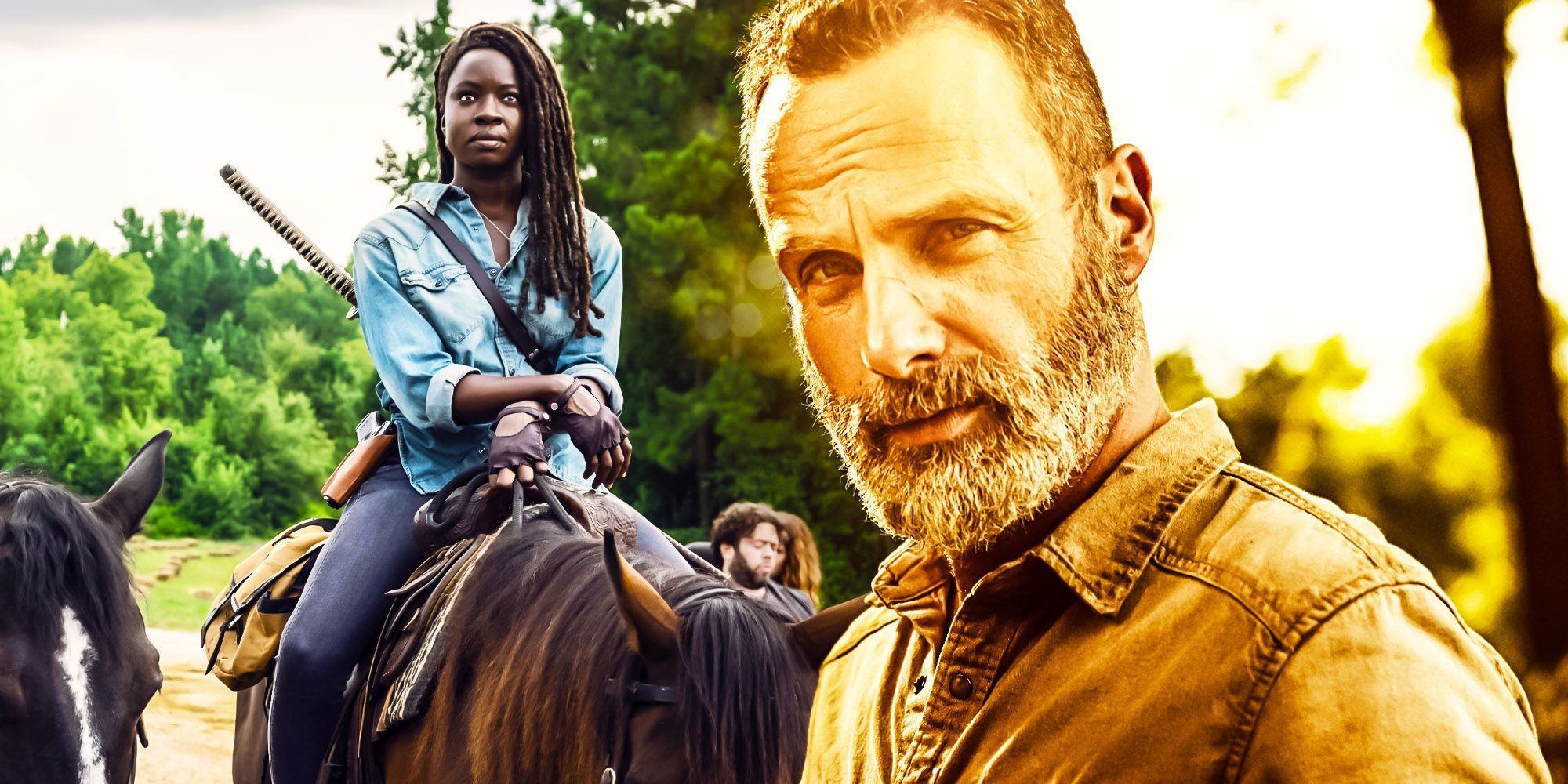 Rick on horseback The Walking Dead Michonne