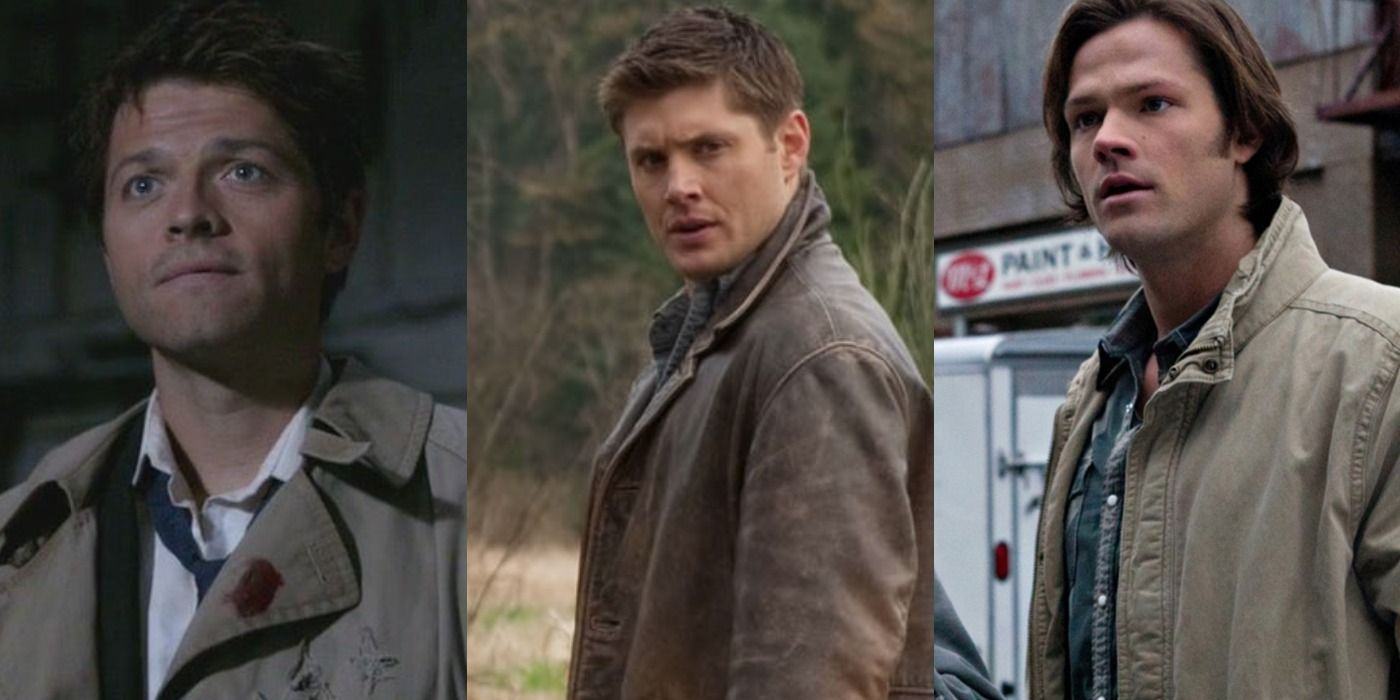 Supernatural Split image: Castiel smiles/ Dean looks behind/ Sam looks shocked