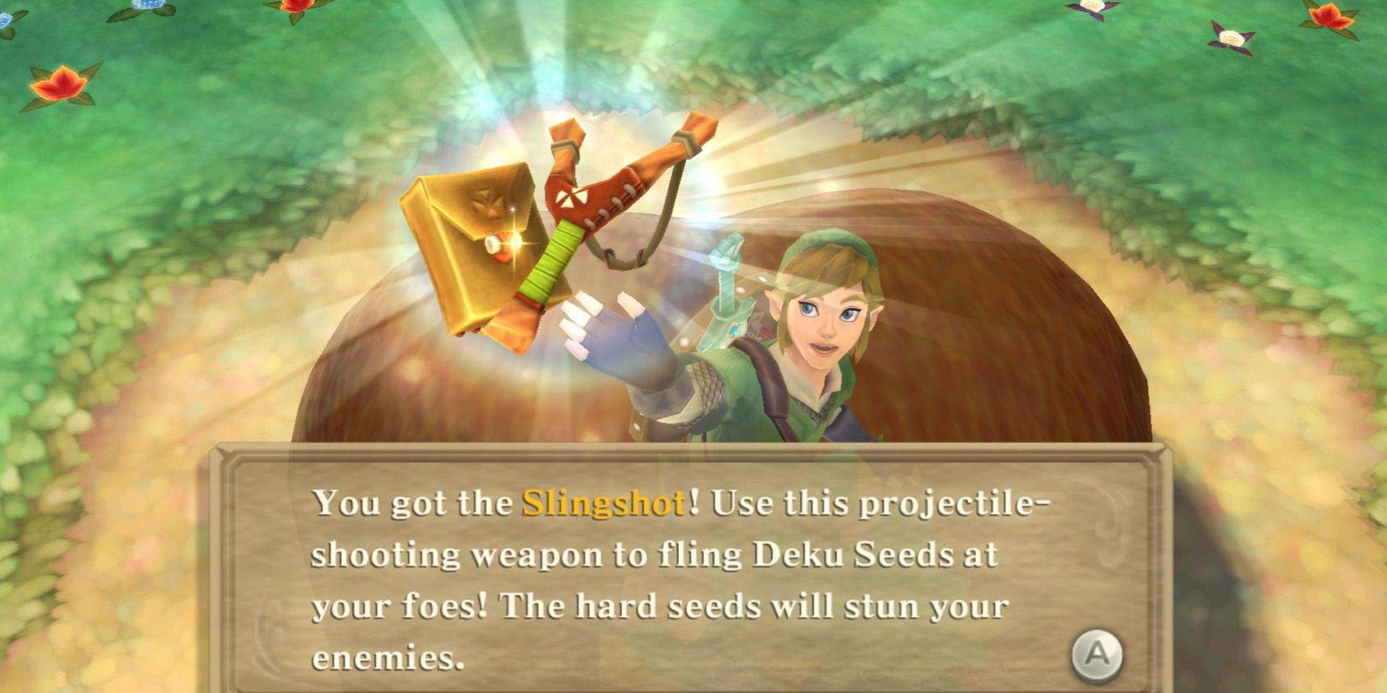 After spotting the slingshot in Skyward Sword HD, Link raised it.