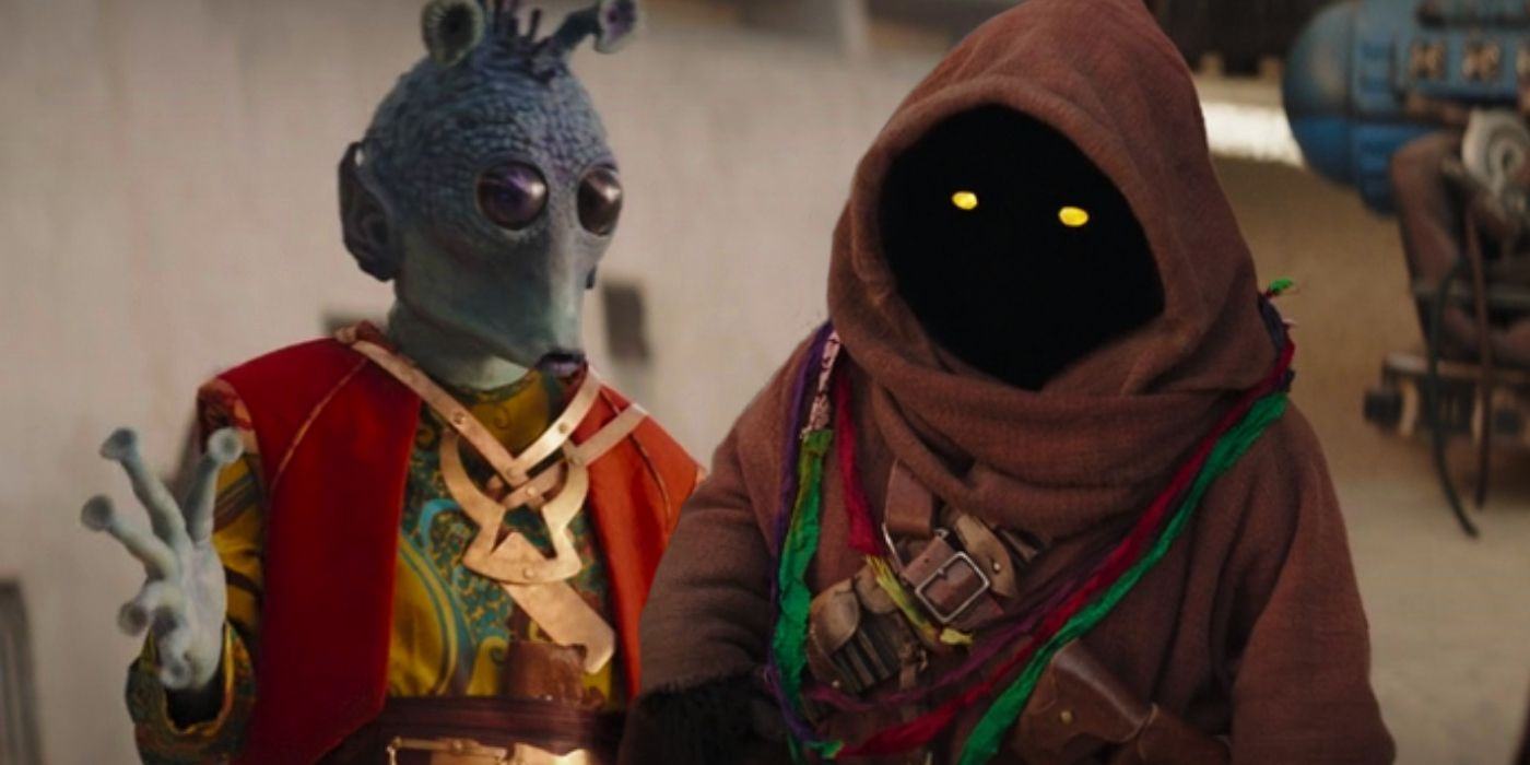 The Mandalorian Season 3 Episode 2 Rodians and Jawas in Bonta Night Celebration costumes