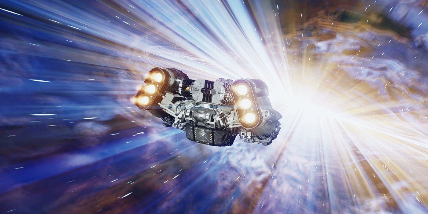 Tilt blue space background to yellow.  In the center, a spaceship plunges forward at the speed of light, sparks igniting.