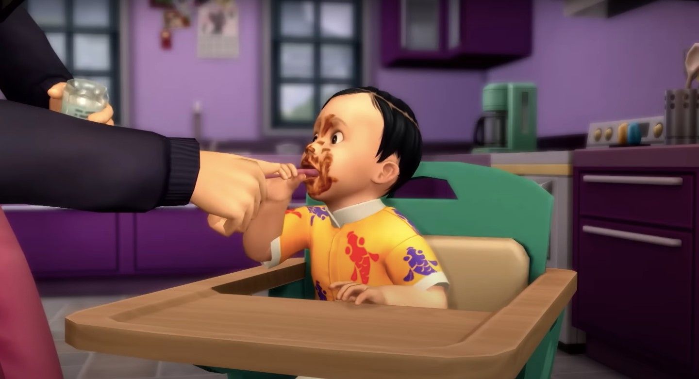 In The Sims 4, a Sim in a high chair is feeding a disheveled child.