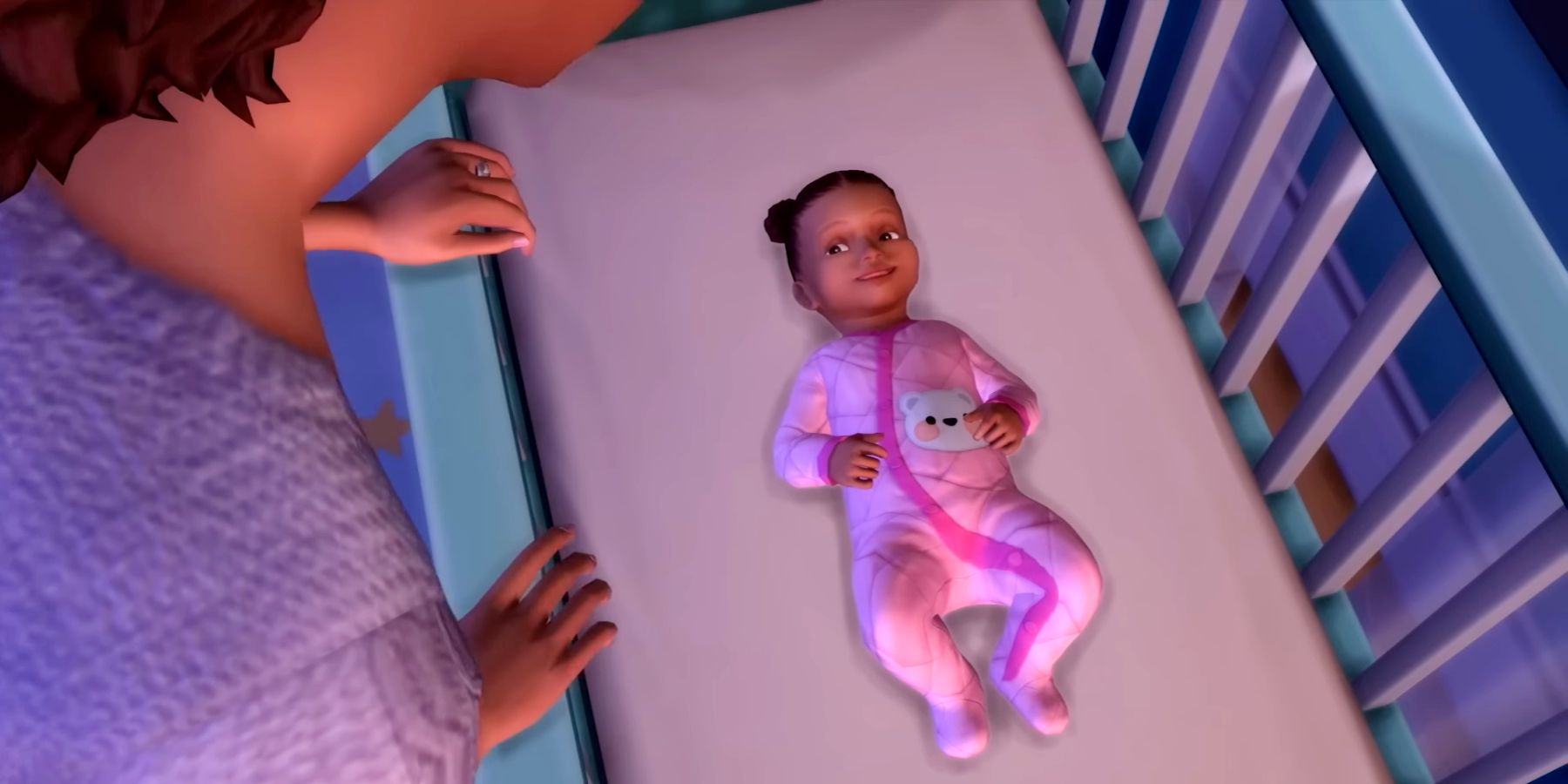 A Sims 4 baby in pink pajamas lies in her crib with her parents looking down at her.