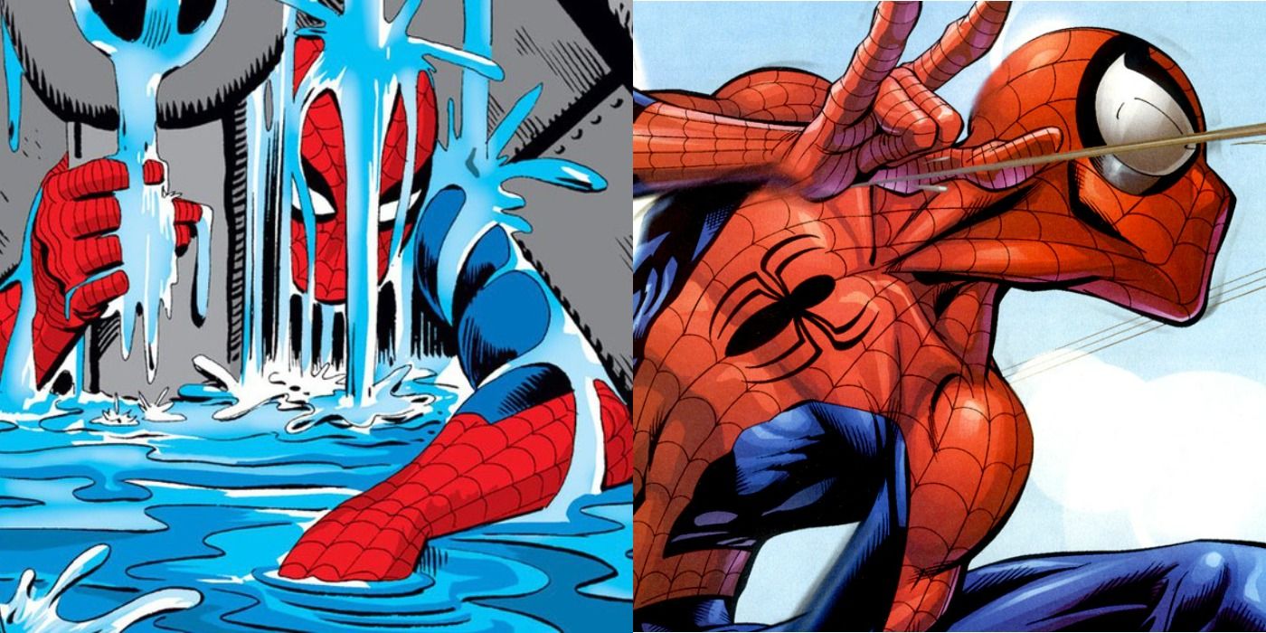 Split image of Spider-Man by Steve Ditko and by Mark Bagley from Marvel Comics.