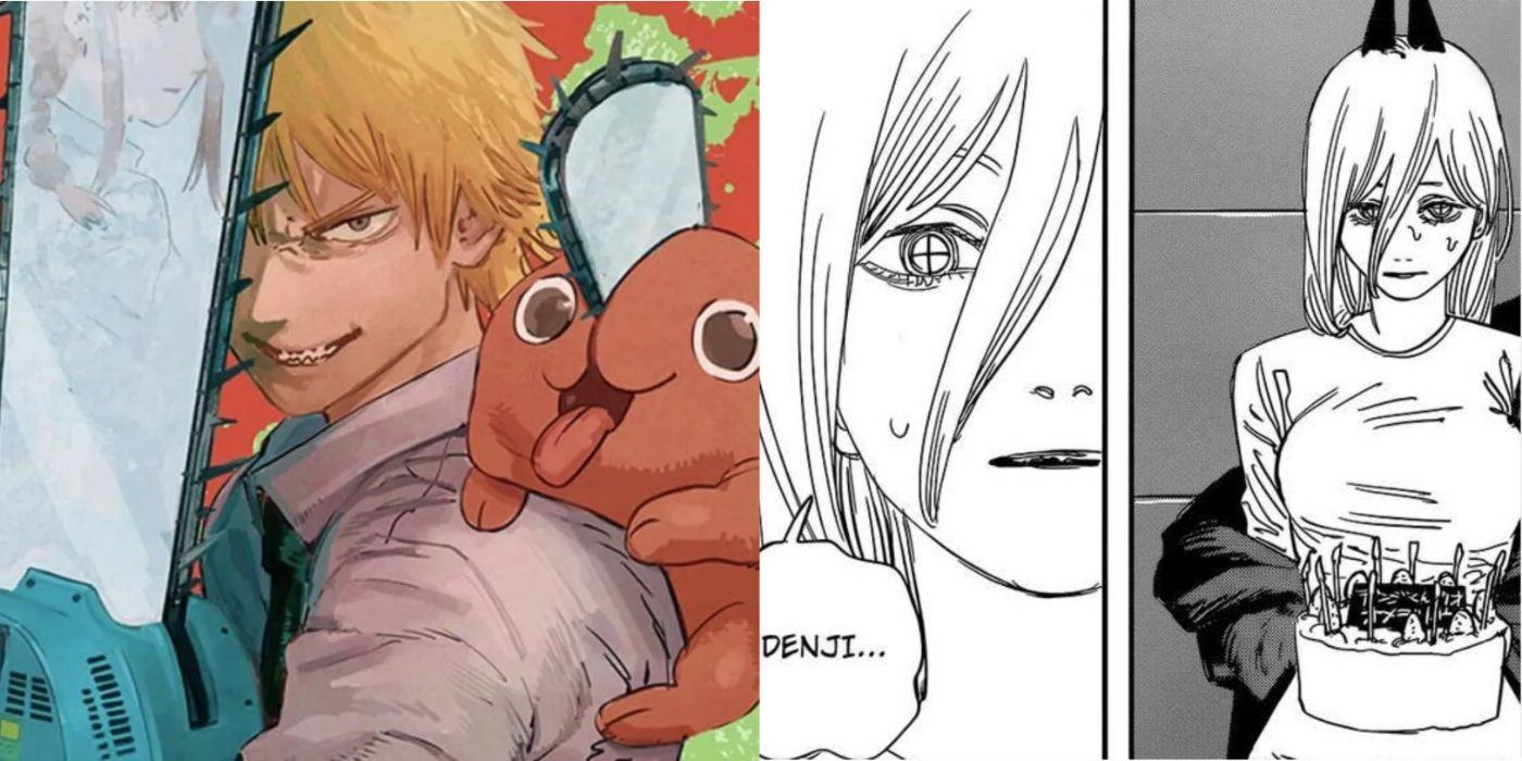 Split image of Denji and Pochita in Chainsaw Man key art and Power bringing Denji a birthday cake.