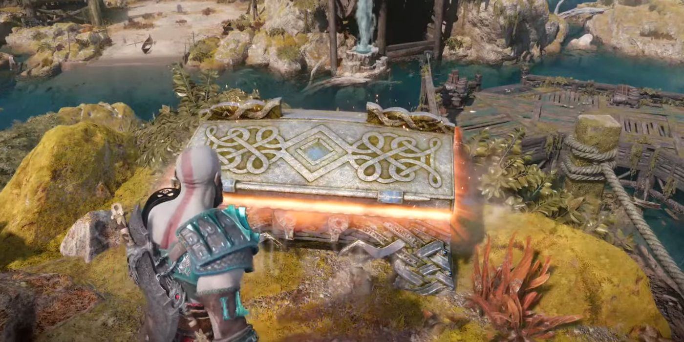 Kratos Finding a Legendary Chest with a Jewel of Yggdrasil in Svartalfehim in God of War Ragnarök