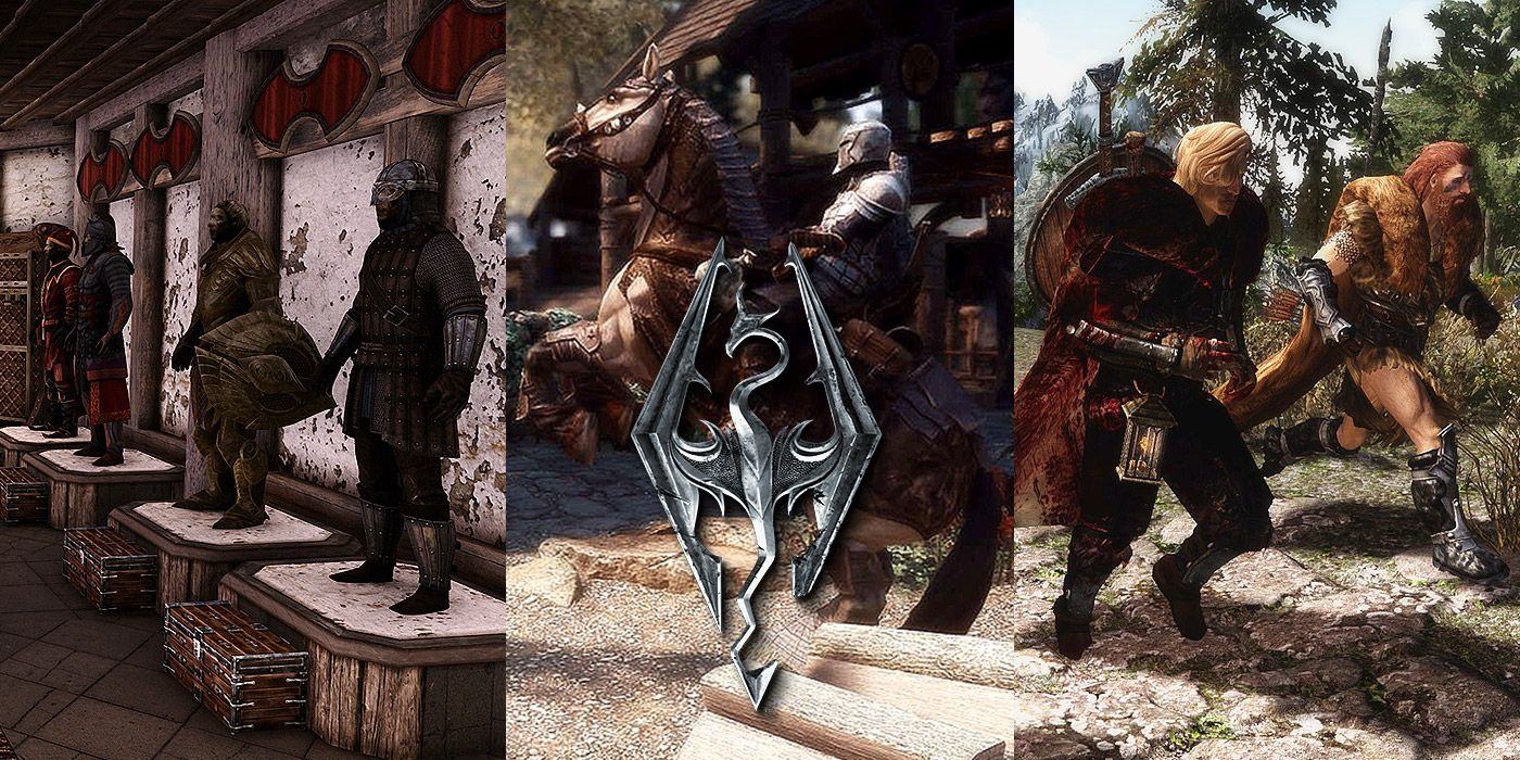 Split image of mannequins, the Dragonborn on a horse, and characters running in Skyrim