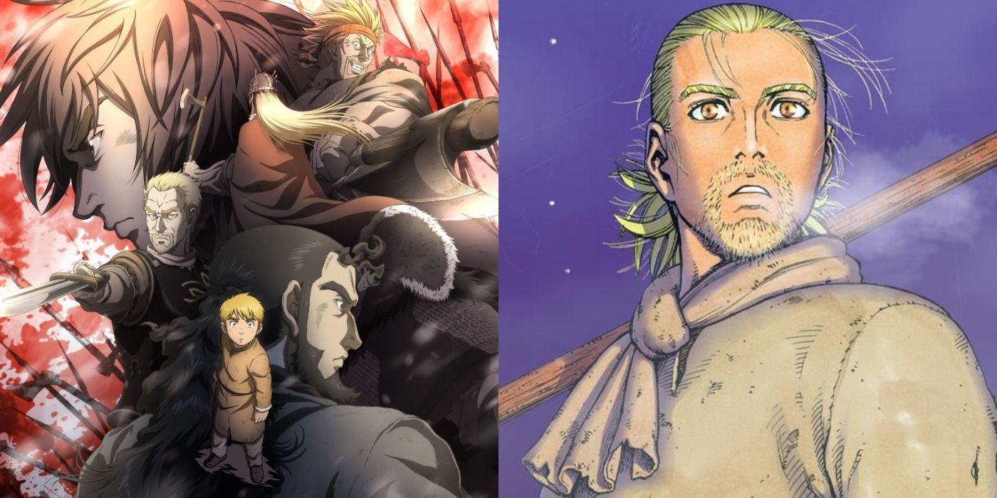 Vinland Saga promo poster and Thorfinn during the manga's Slave arc