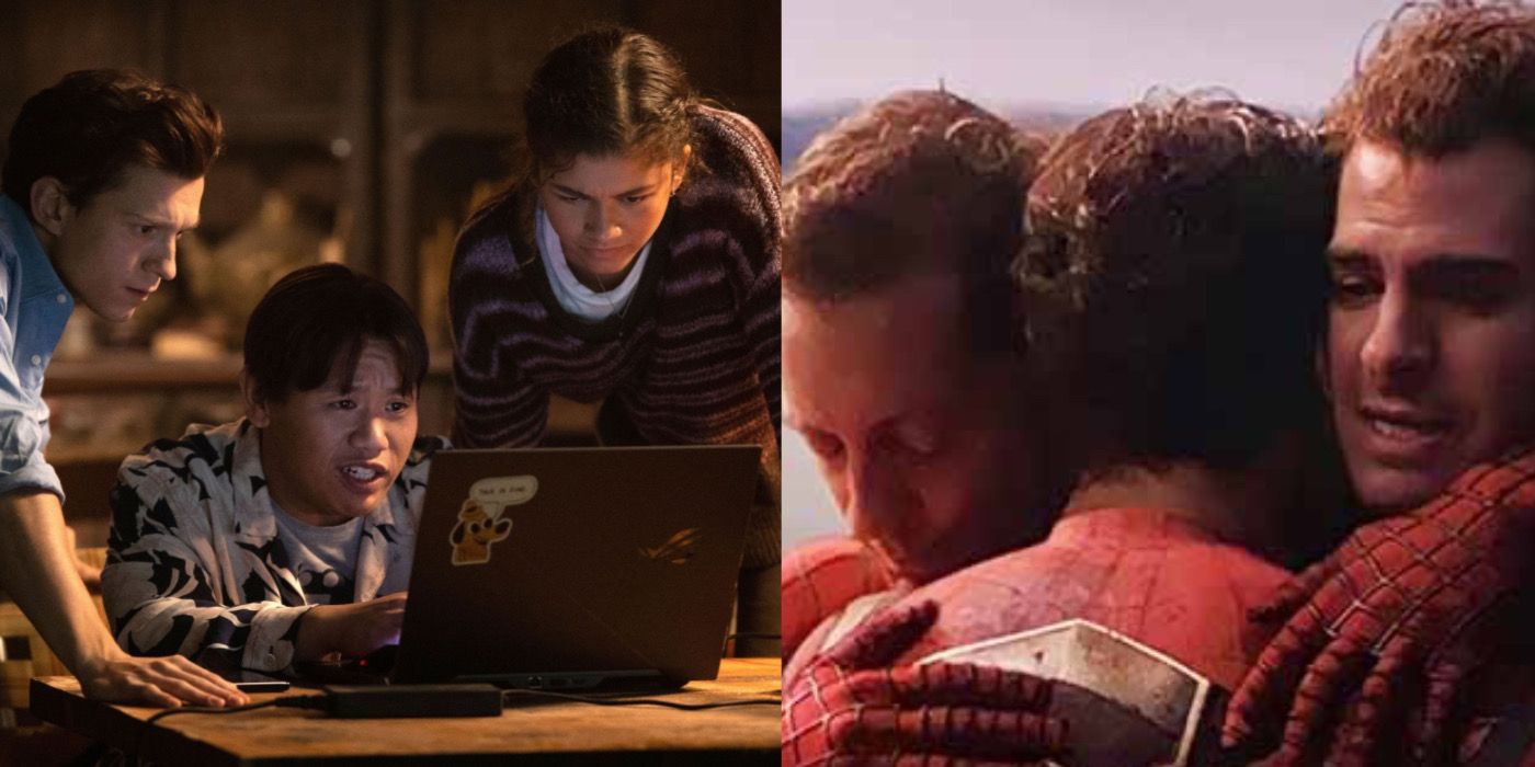 Peter, Ned, and MJ are researching next to an image of the three spidey’s hugging