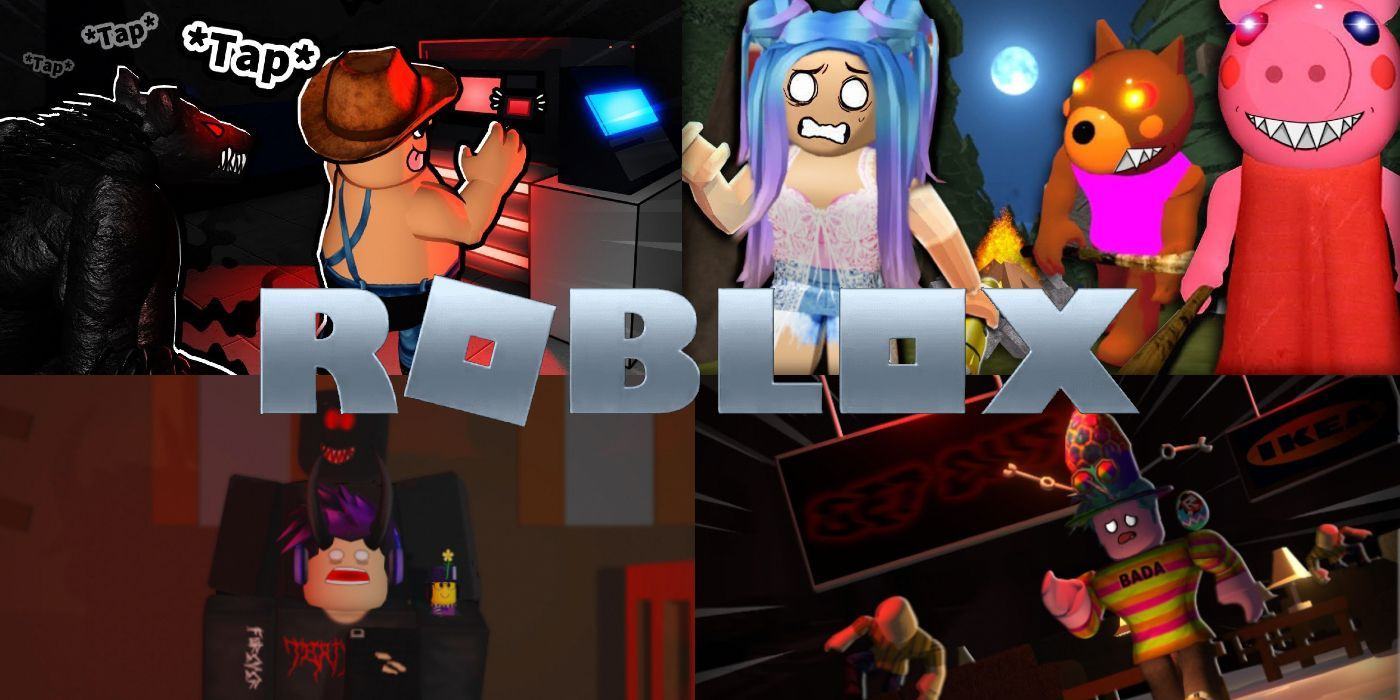 A collage of four horror game pictures from Roblox