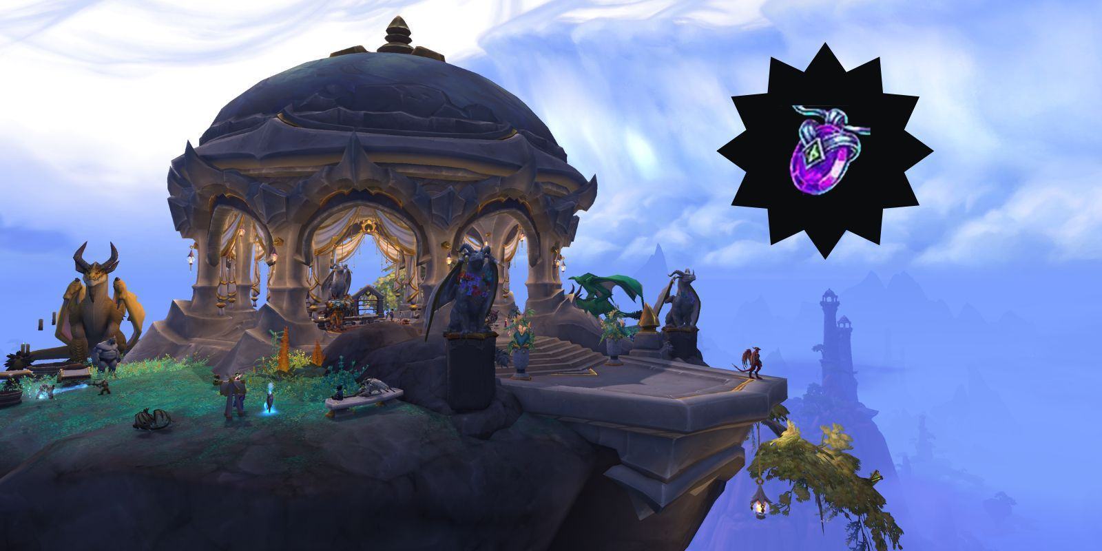 A stone gazebo next to a cliff in World of Warcraft: Dragonflight's Thaldraszus region, next to an icon of an Elemental Lariat item.