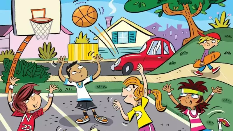 Can you spot 6 hidden words in pictures of kids playing basketball within 15 seconds?